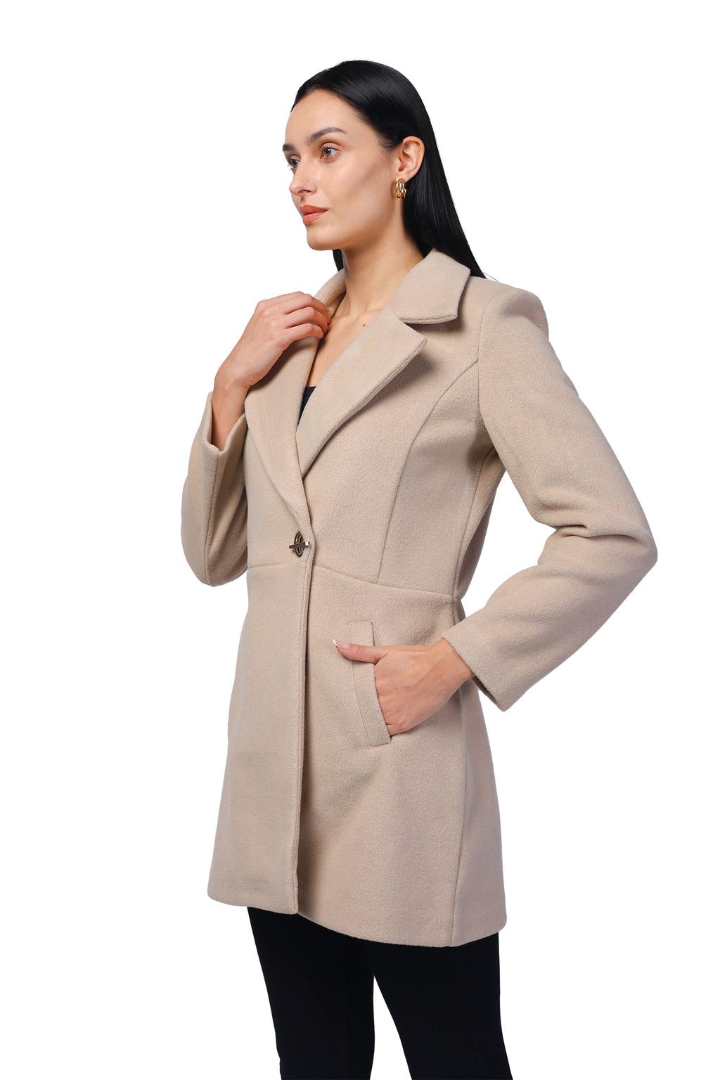 Women's Double Breasted Semi Long Coat in Fur Tweed Fabric
