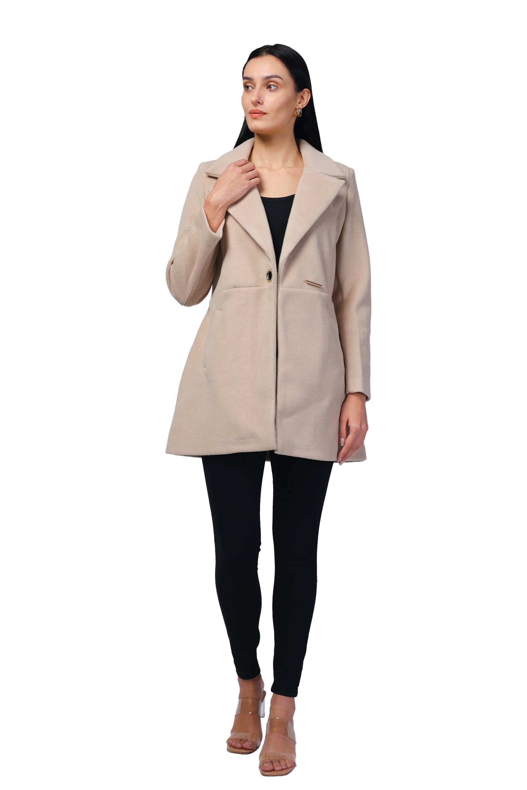 Women's Double Breasted Semi Long Coat in Fur Tweed Fabric
