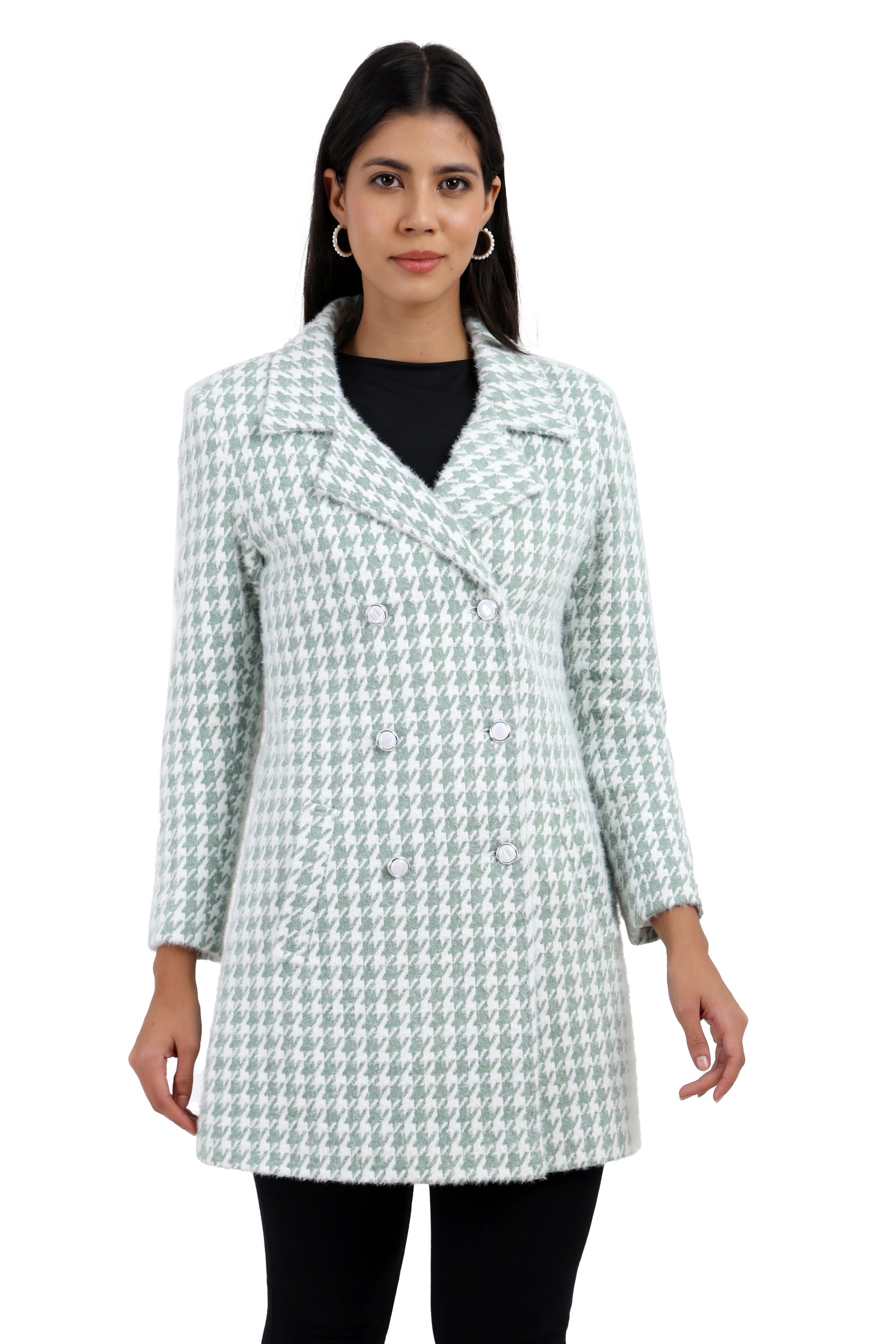 Women's Double Breasted Long Coat in Hairy Houndstooth Fabric