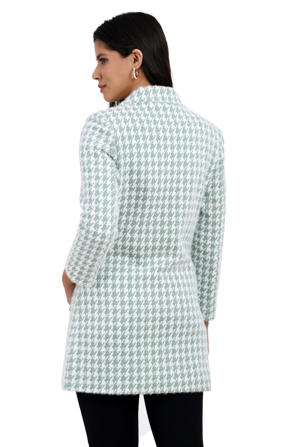 Women's Double Breasted Long Coat in Hairy Houndstooth Fabric