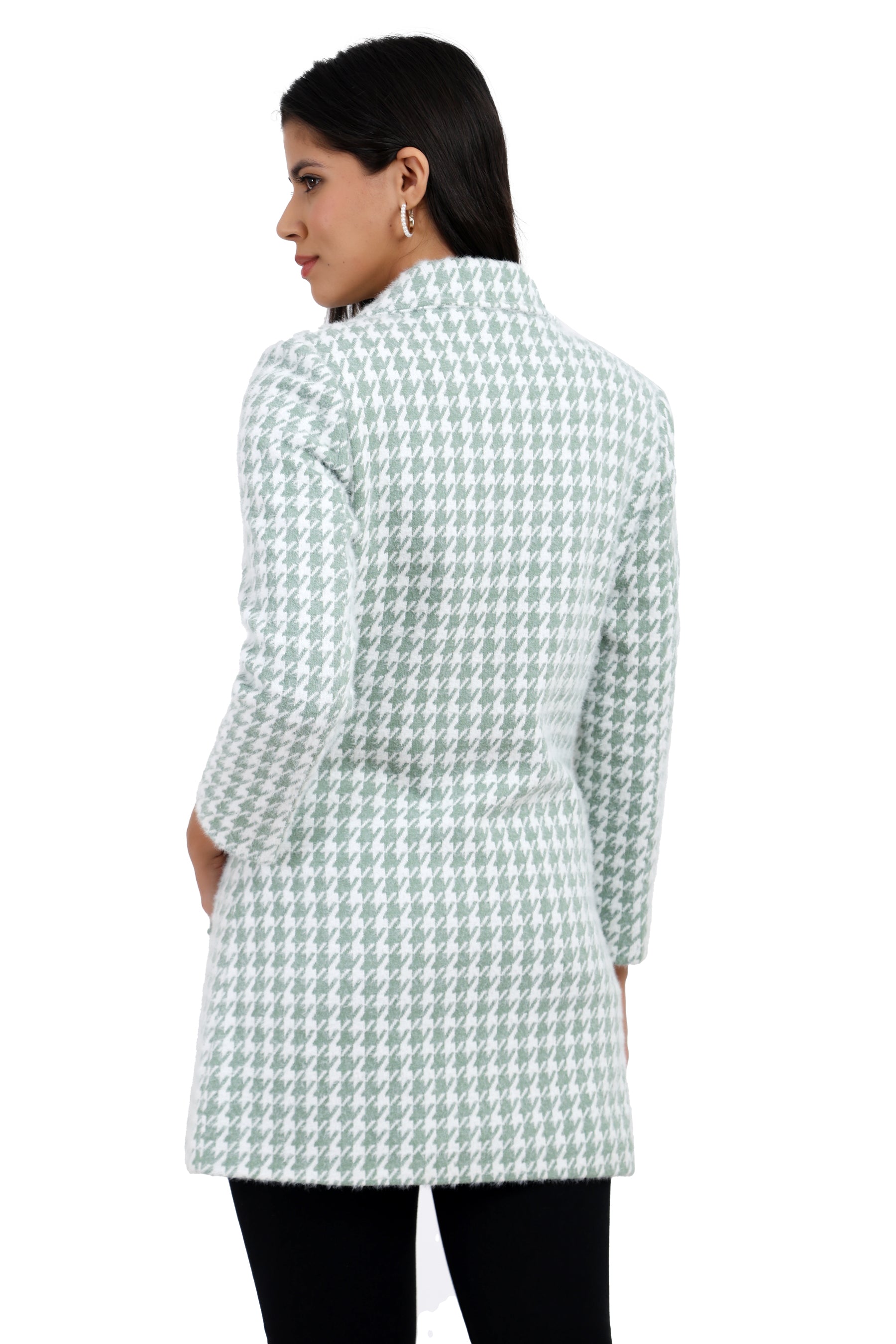 Women's Double Breasted Long Coat in Hairy Houndstooth Fabric