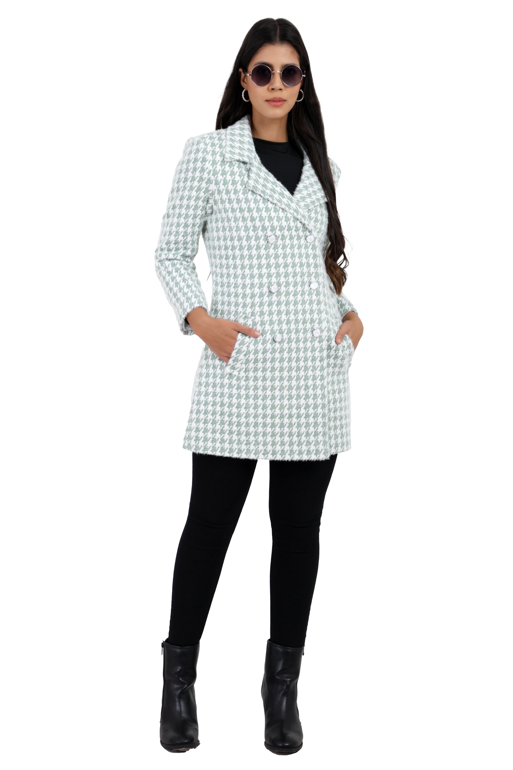 Women's Double Breasted Long Coat in Hairy Houndstooth Fabric