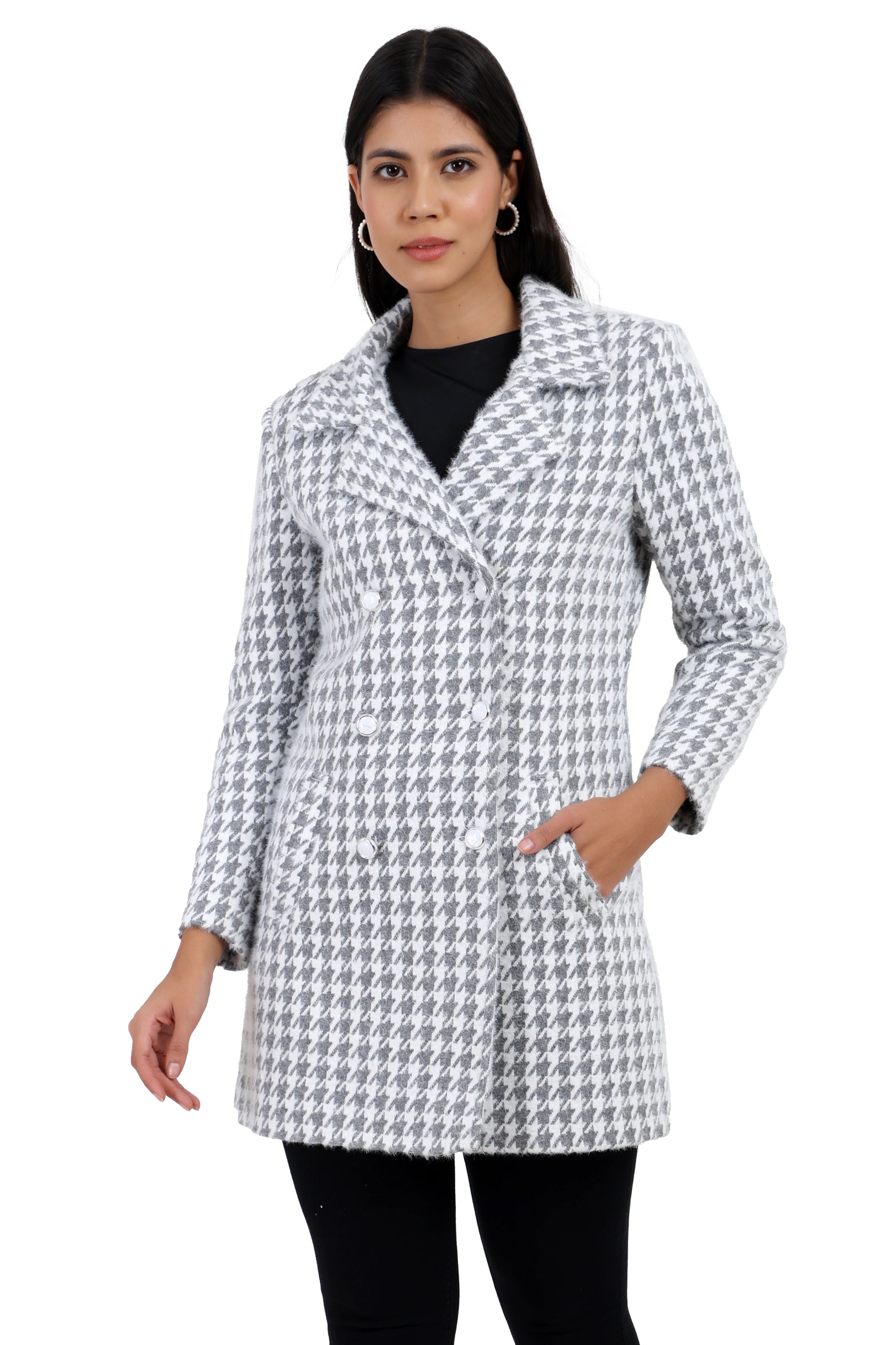 Women's Double Breasted Long Coat in Hairy Houndstooth Fabric