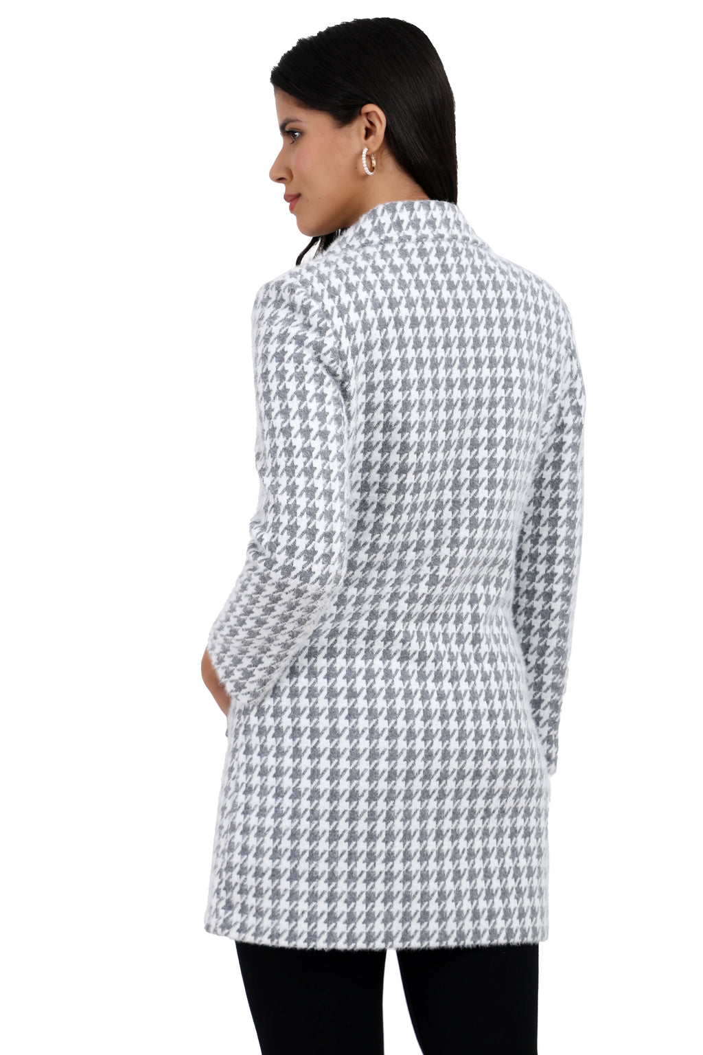 Women's Double Breasted Long Coat in Hairy Houndstooth Fabric