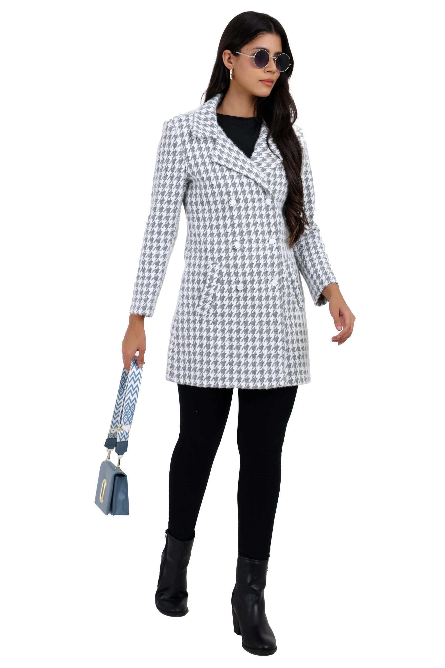 Women's Double Breasted Long Coat in Hairy Houndstooth Fabric