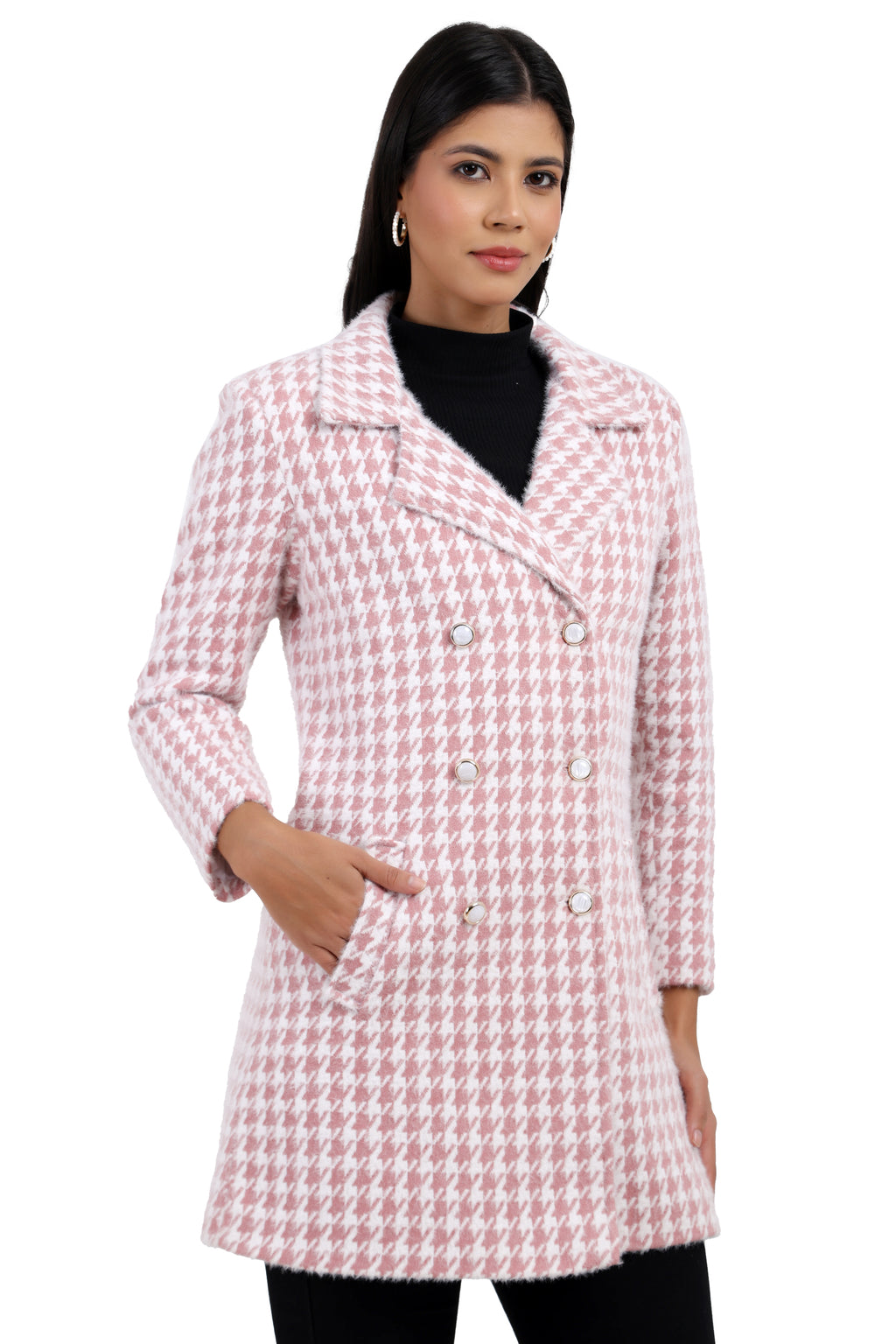 Women's Double Breasted Long Coat in Hairy Houndstooth Fabric