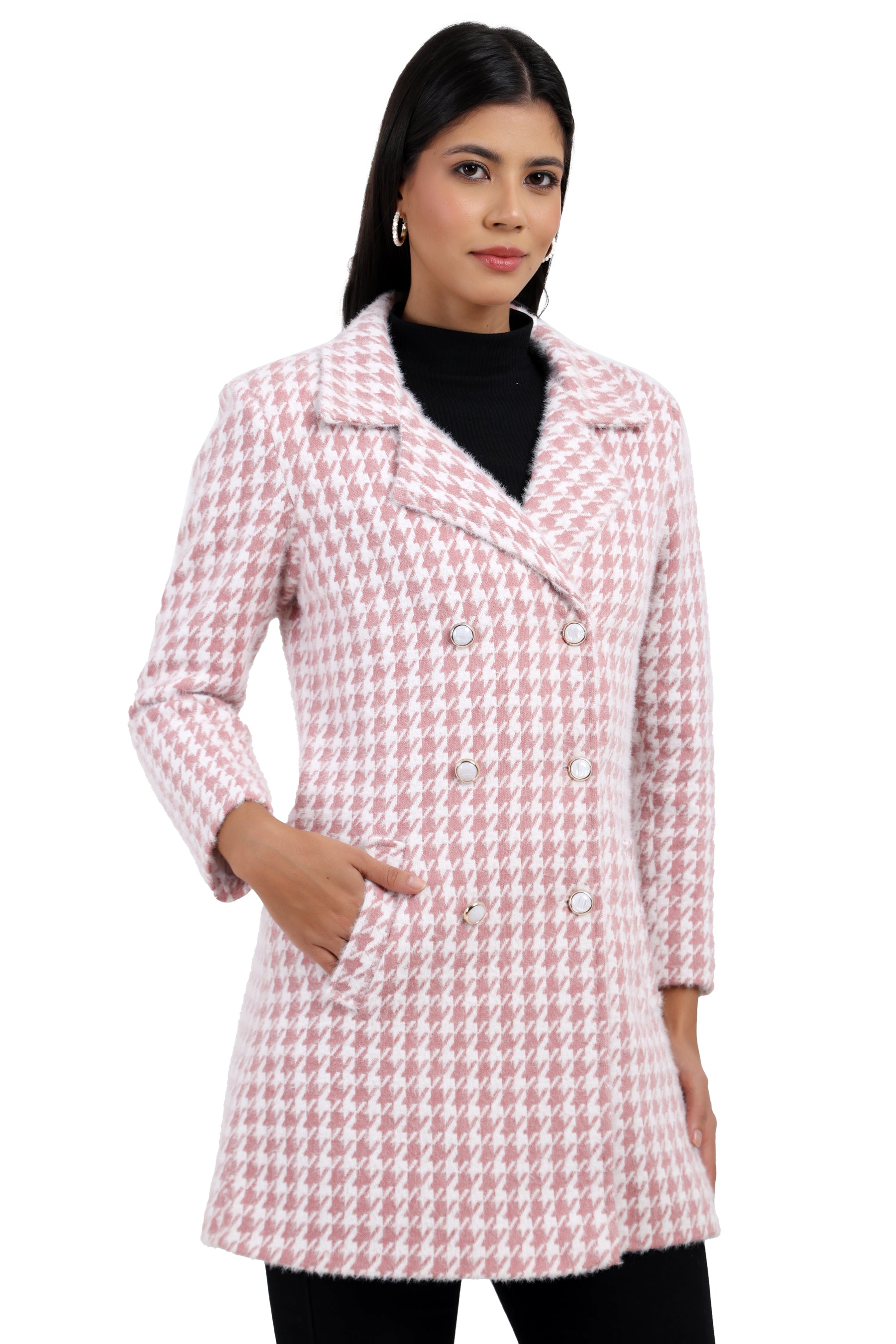 Women's Double Breasted Long Coat in Hairy Houndstooth Fabric