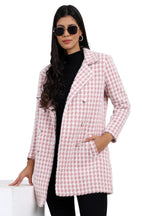 Women's Double Breasted Long Coat in Hairy Houndstooth Fabric