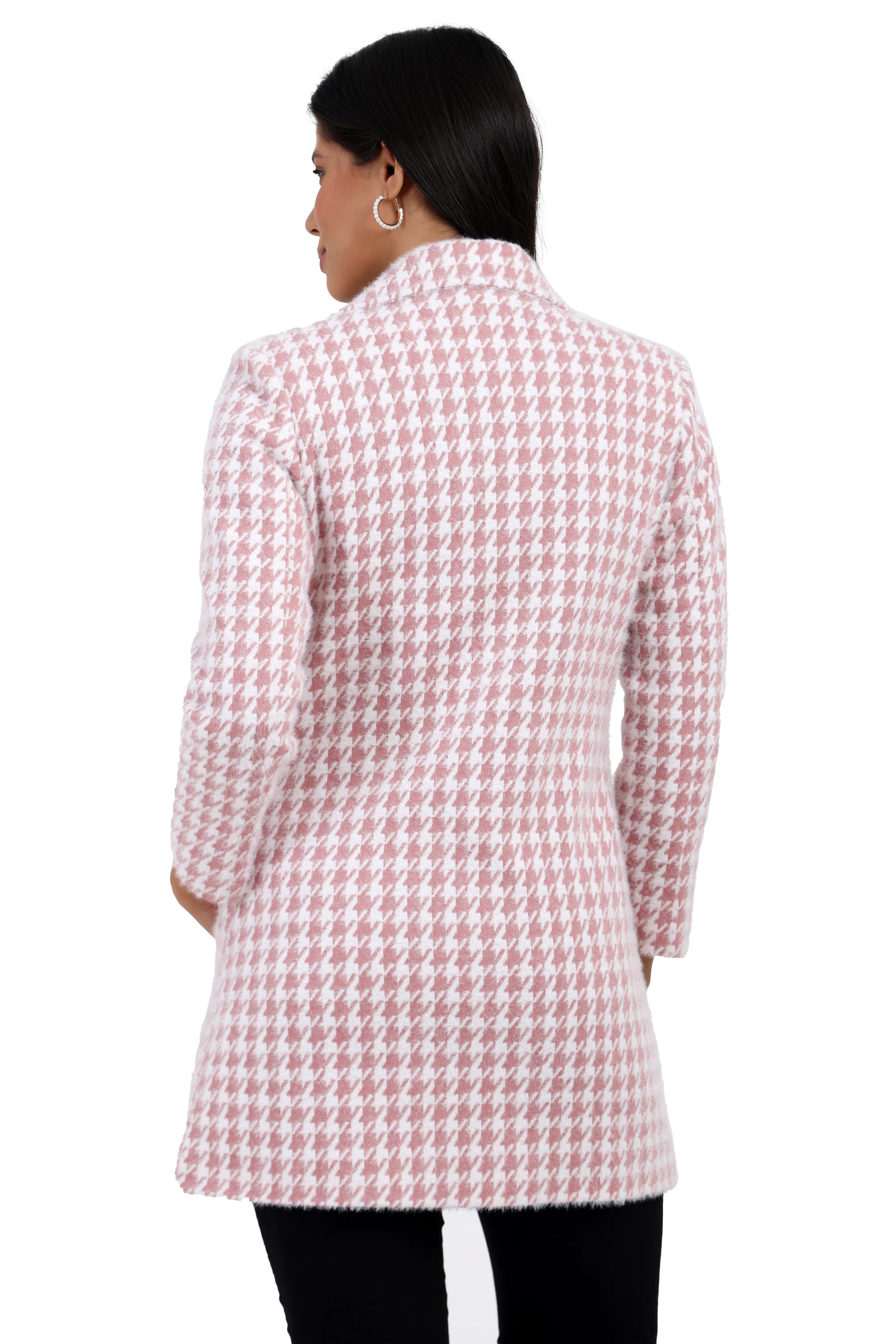 Women's Double Breasted Long Coat in Hairy Houndstooth Fabric