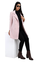 Women's Double Breasted Long Coat in Hairy Houndstooth Fabric