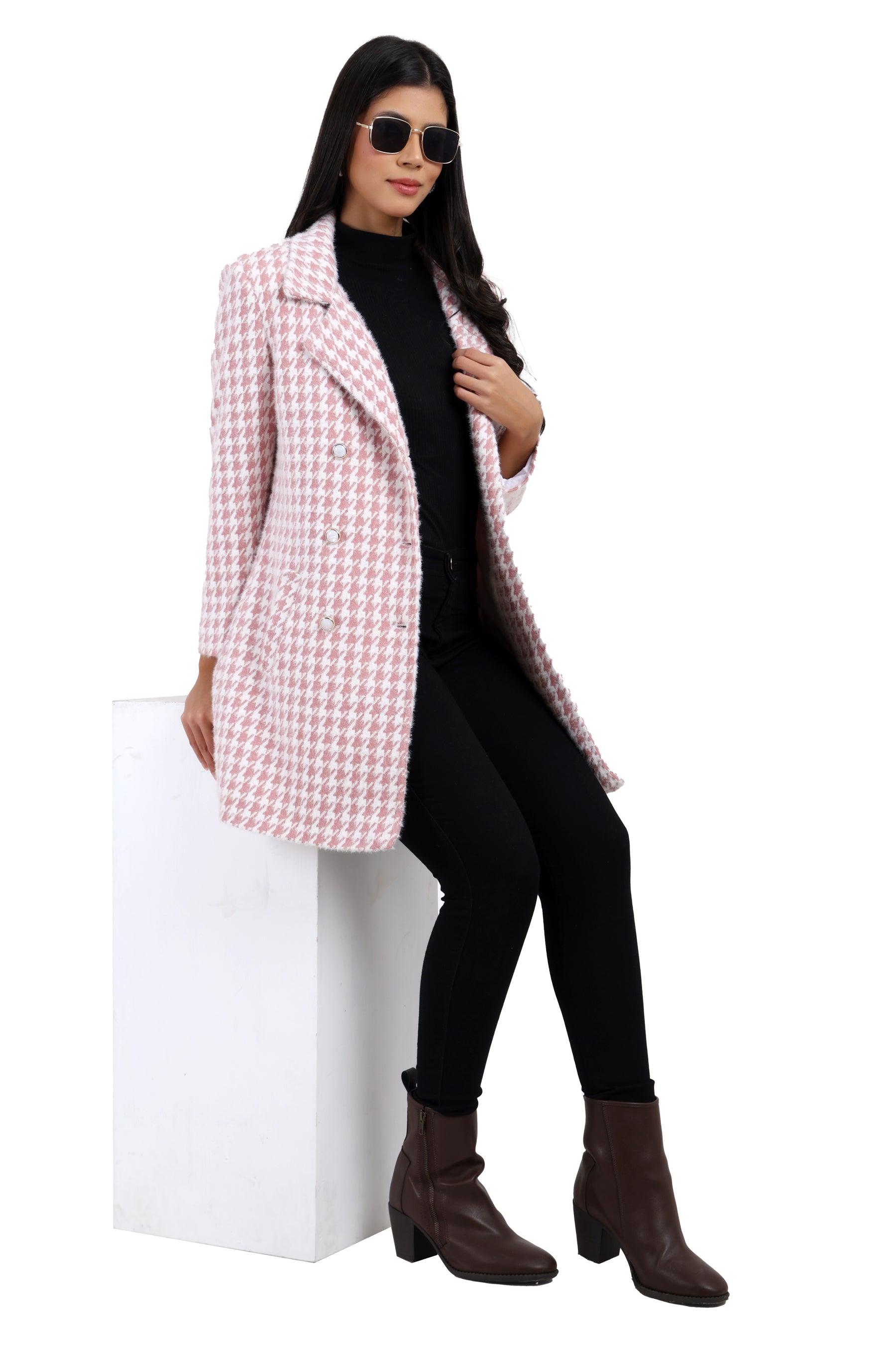 Women's Double Breasted Long Coat in Hairy Houndstooth Fabric