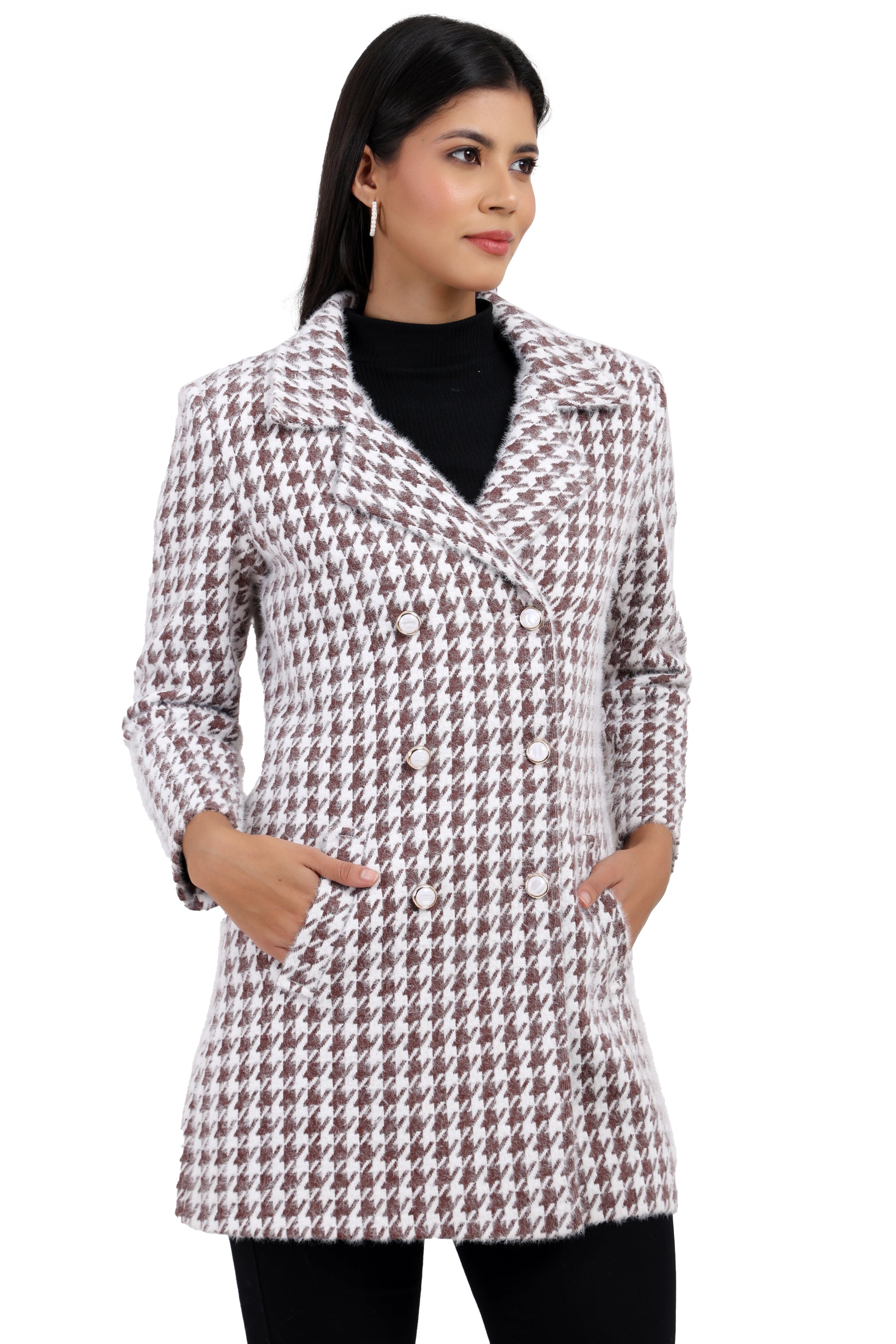 Women's Double Breasted Long Coat in Hairy Houndstooth Fabric