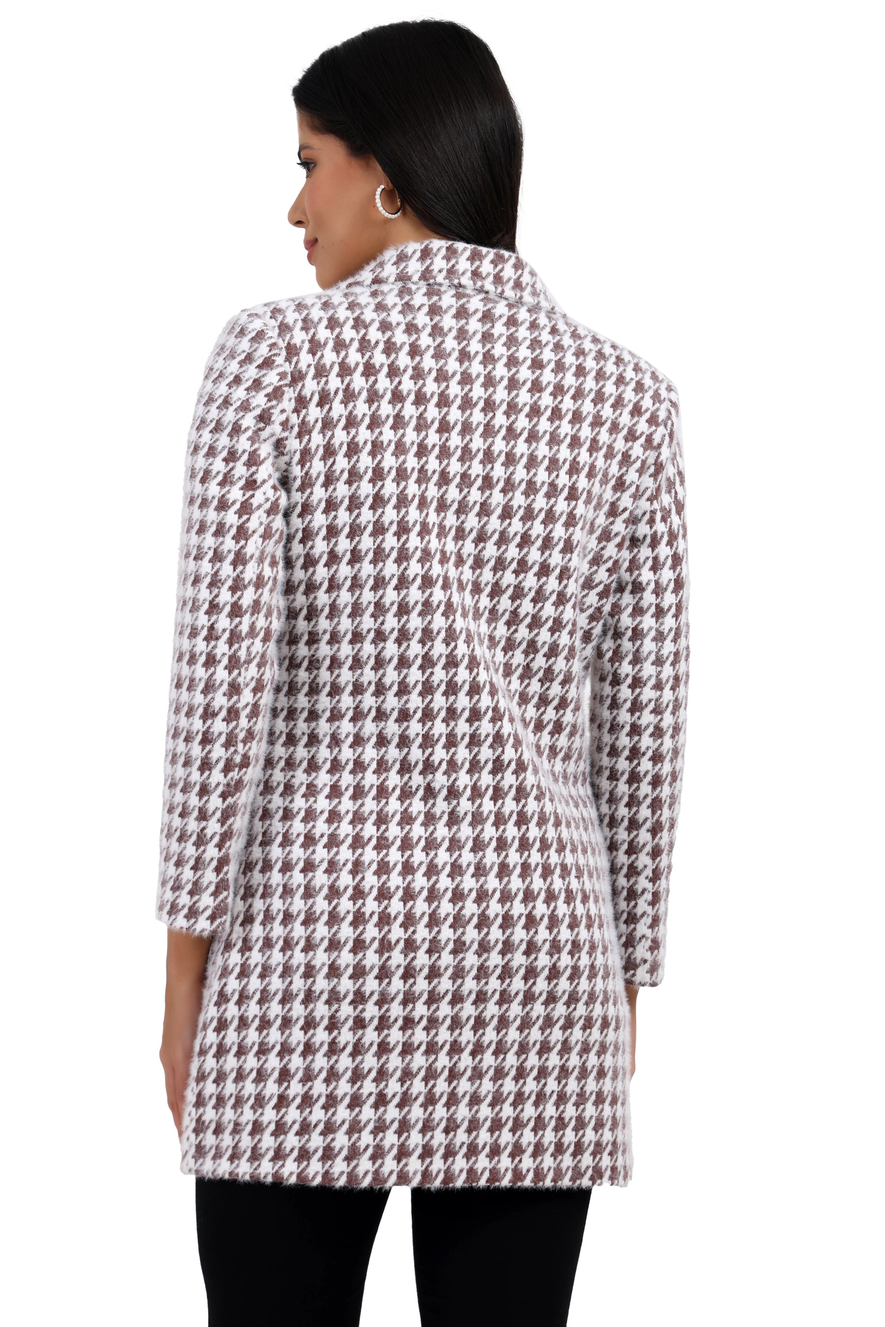 Women's Double Breasted Long Coat in Hairy Houndstooth Fabric