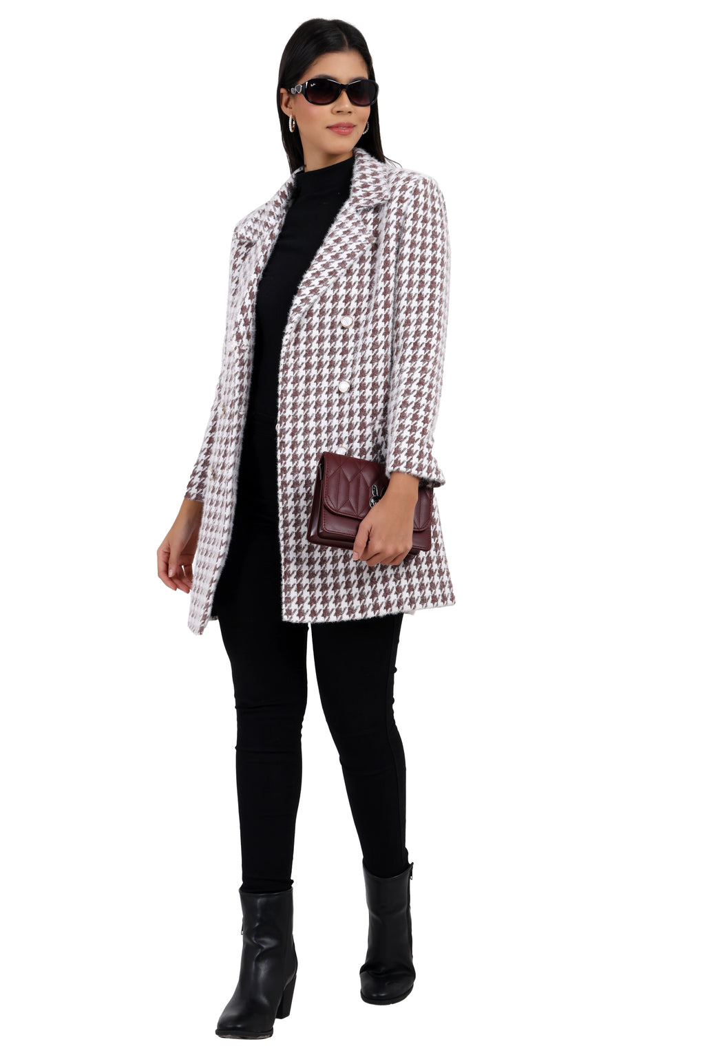 Women's Double Breasted Long Coat in Hairy Houndstooth Fabric
