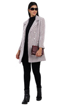 Women's Double Breasted Long Coat in Hairy Houndstooth Fabric
