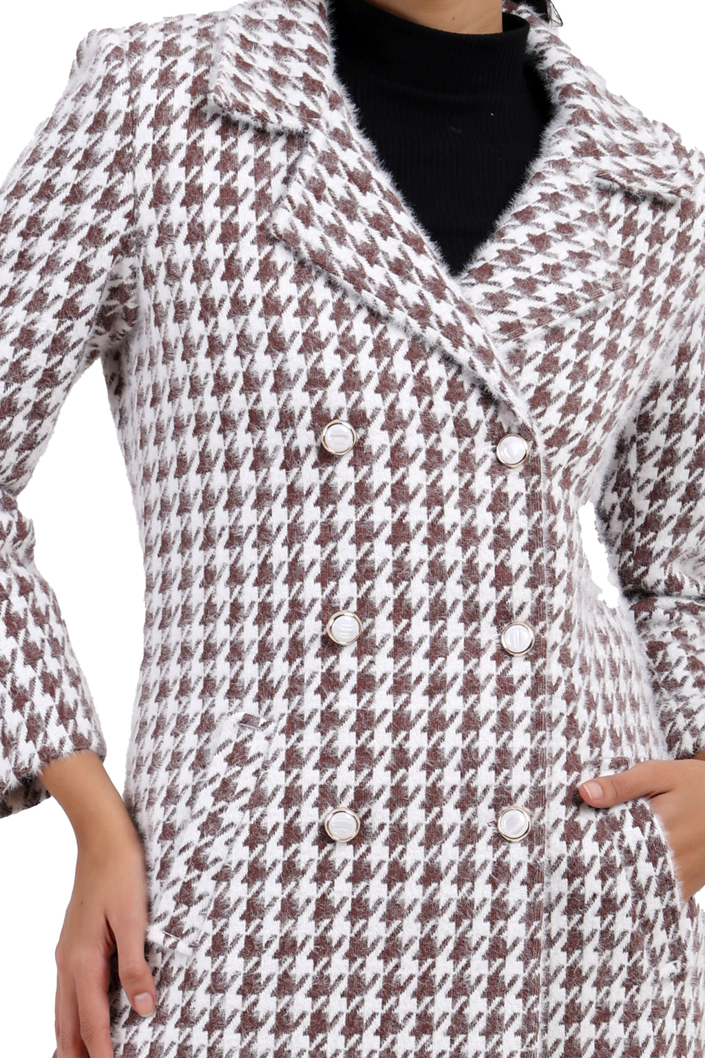 Women's Double Breasted Long Coat in Hairy Houndstooth Fabric