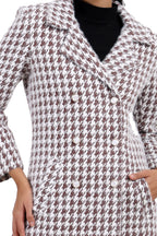 Women's Double Breasted Long Coat in Hairy Houndstooth Fabric
