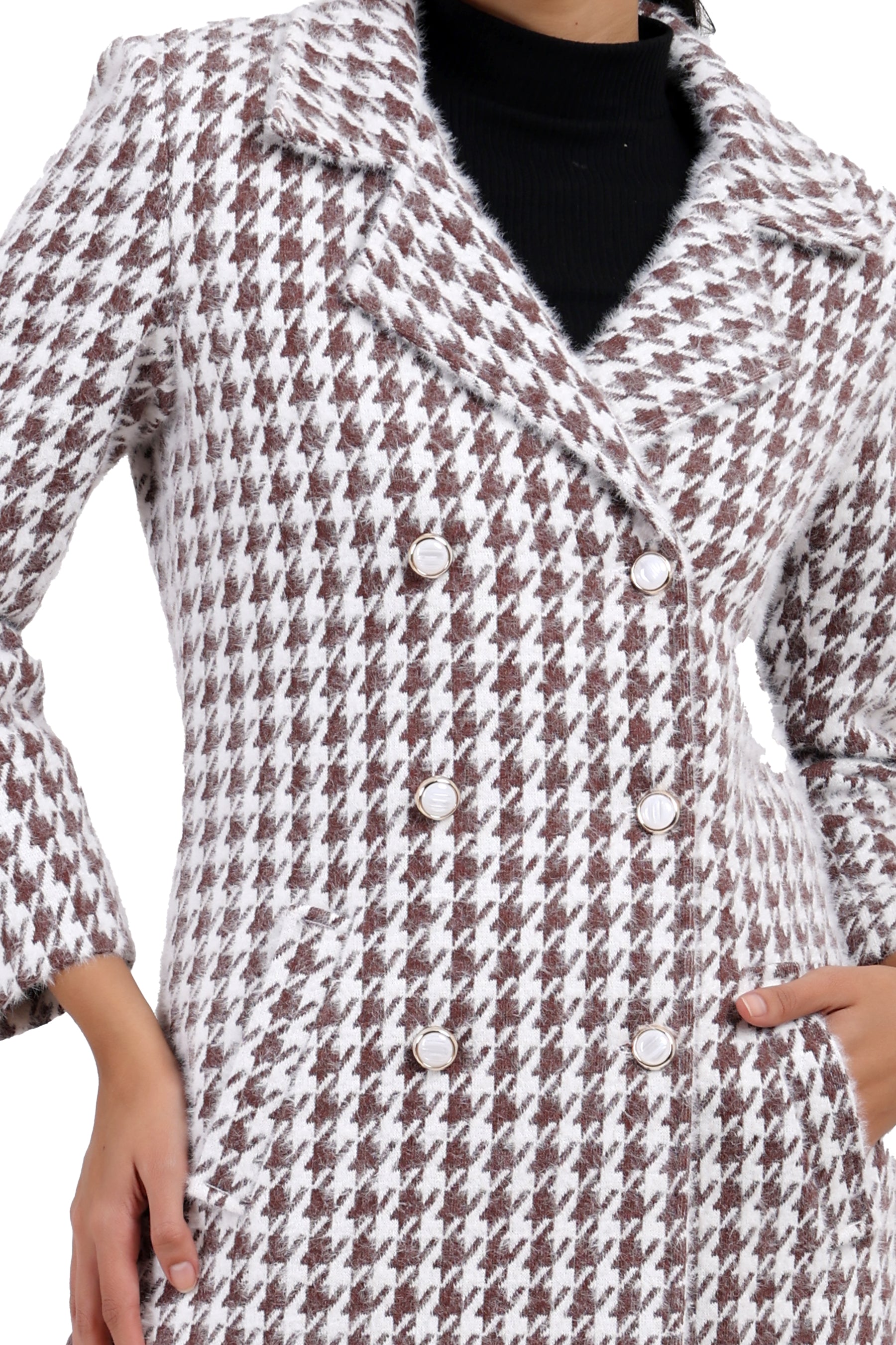 Women's Double Breasted Long Coat in Hairy Houndstooth Fabric