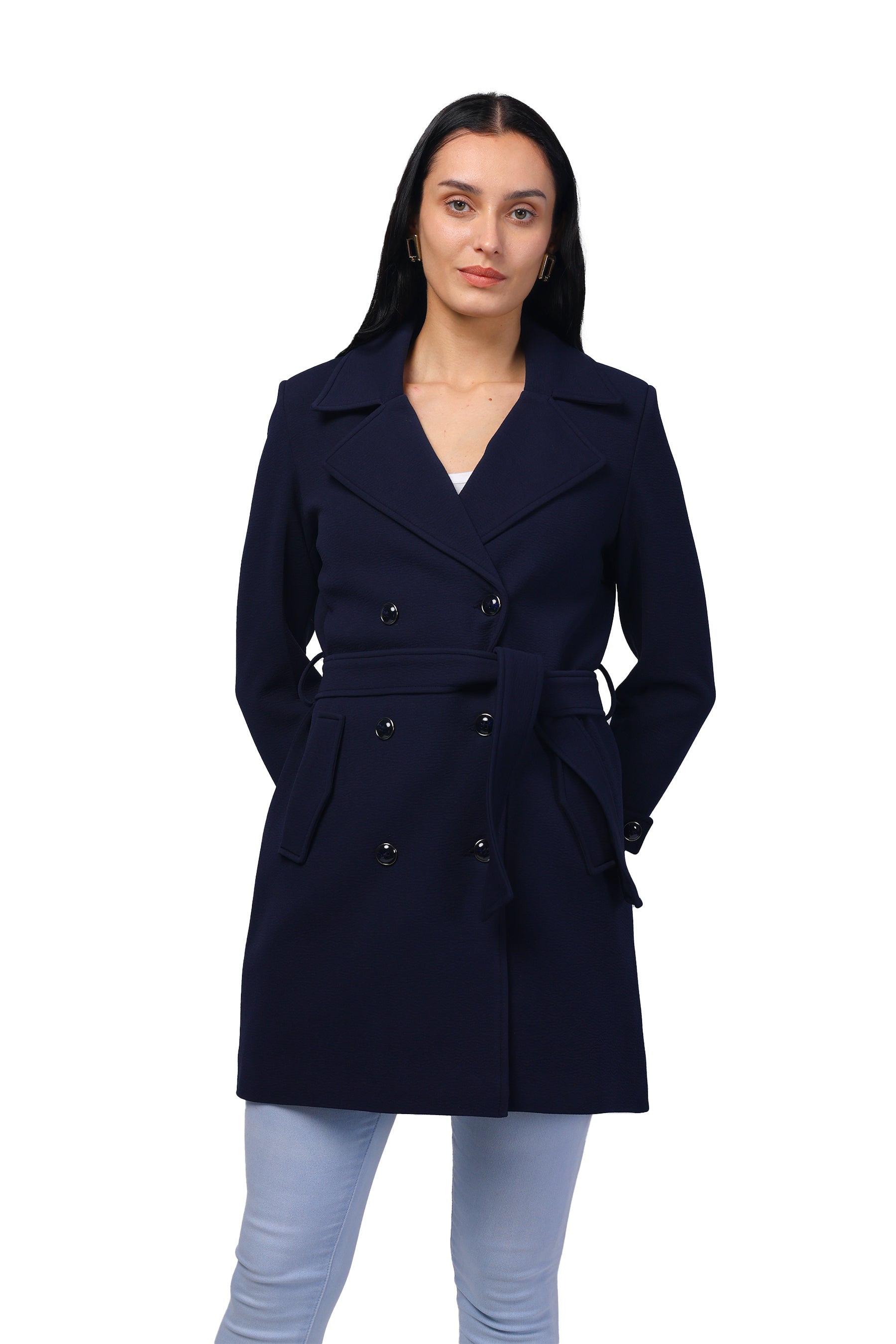 Women's Double Breasted Long Coat in Crush Scuba Fabric