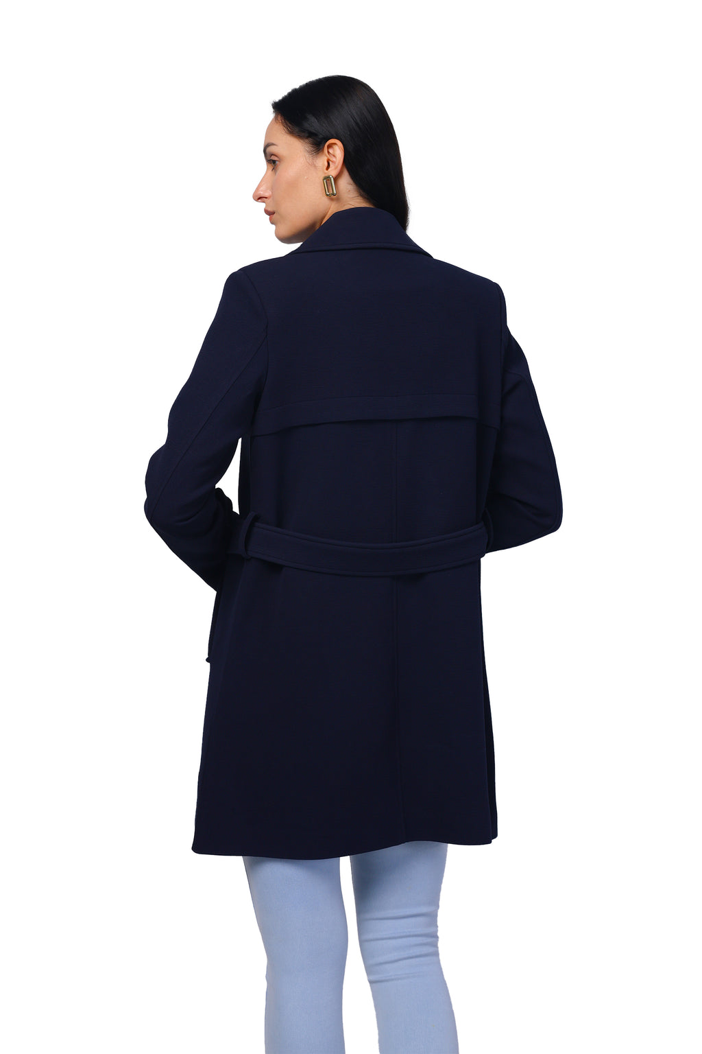 Women's Double Breasted Long Coat in Crush Scuba Fabric