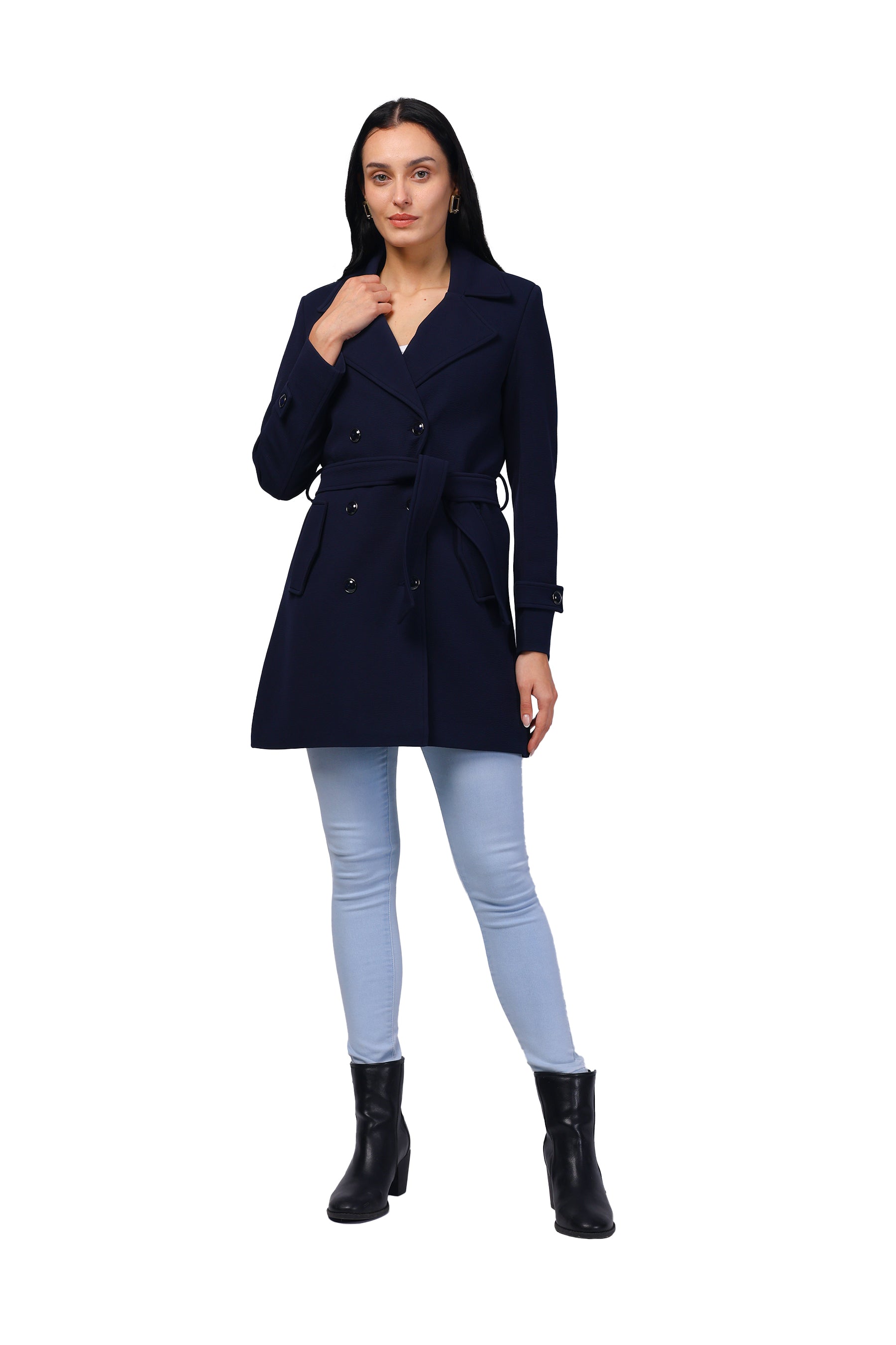 Women's Double Breasted Long Coat in Crush Scuba Fabric