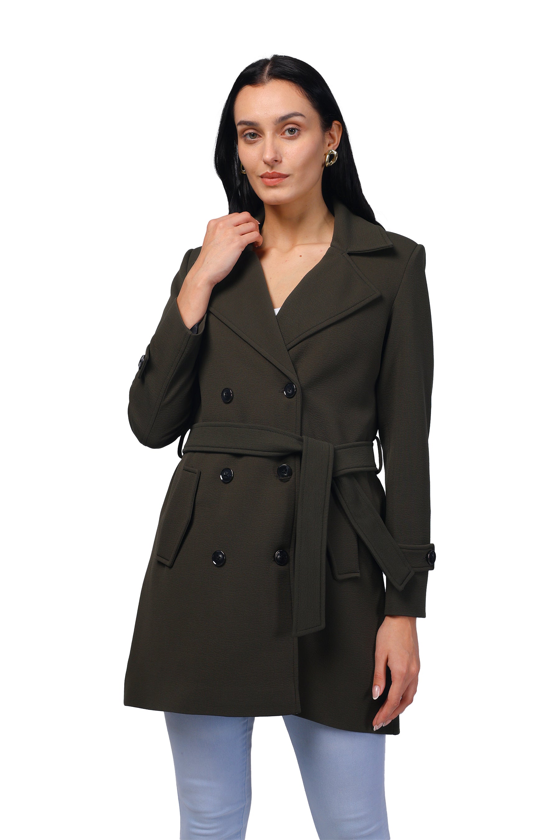 Women's Double Breasted Long Coat in Crush Scuba Fabric