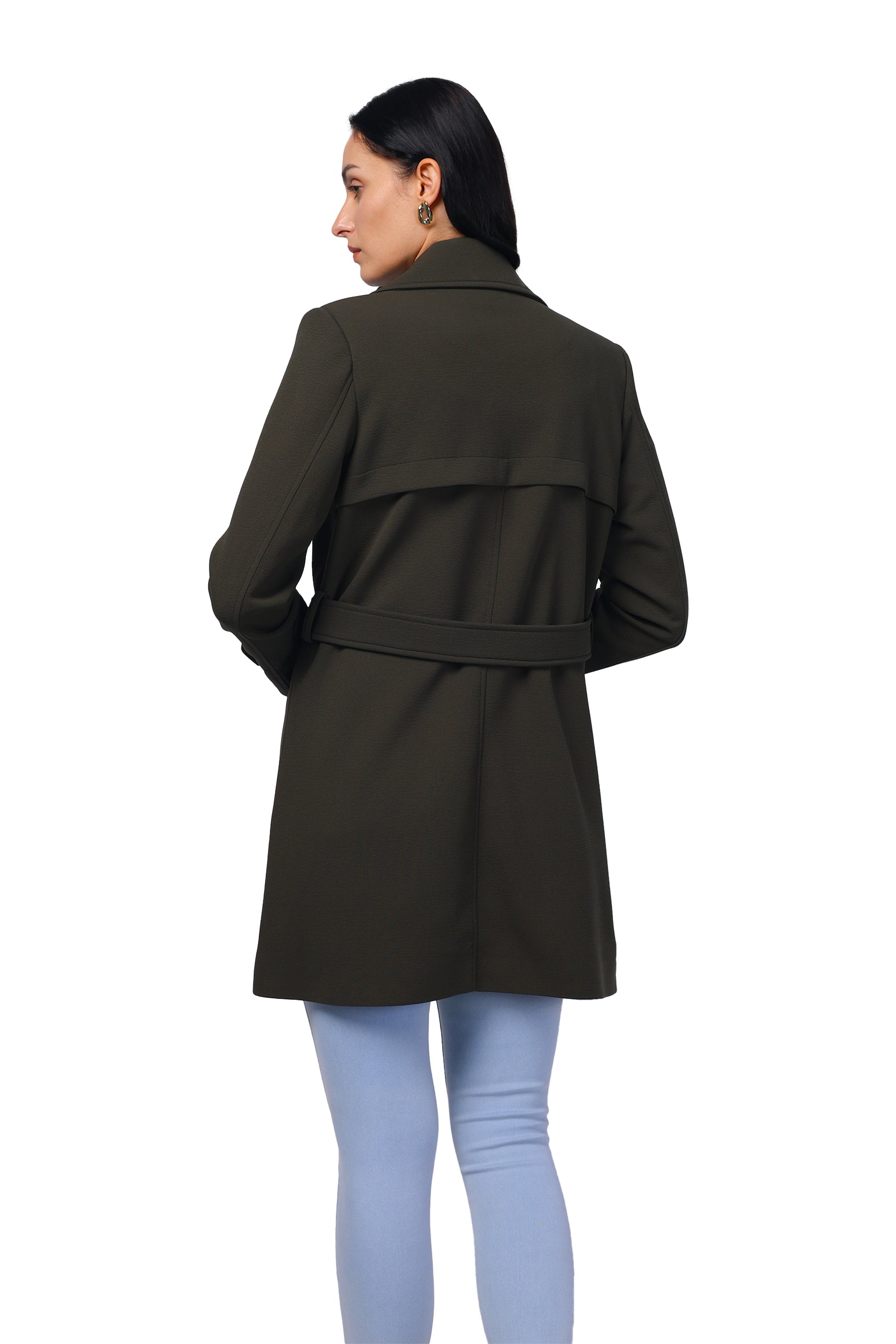 Women's Double Breasted Long Coat in Crush Scuba Fabric