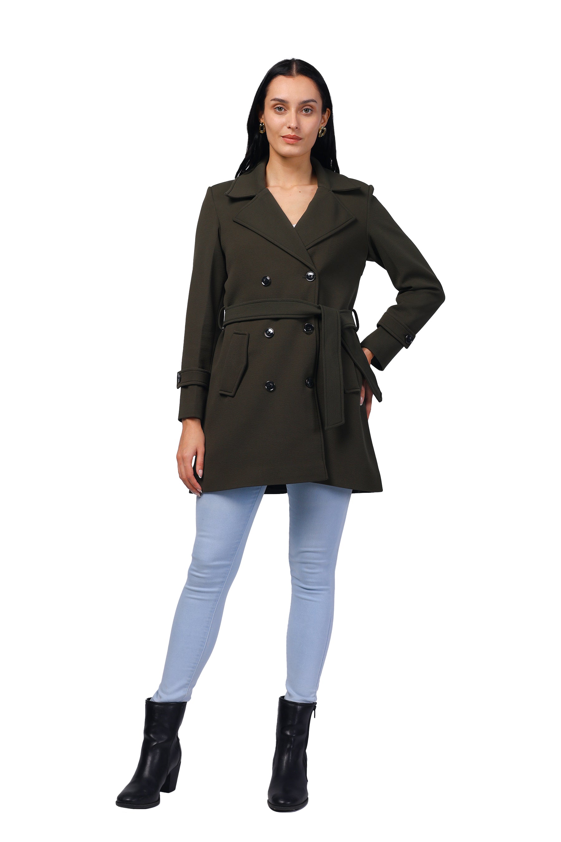 Women's Double Breasted Long Coat in Crush Scuba Fabric