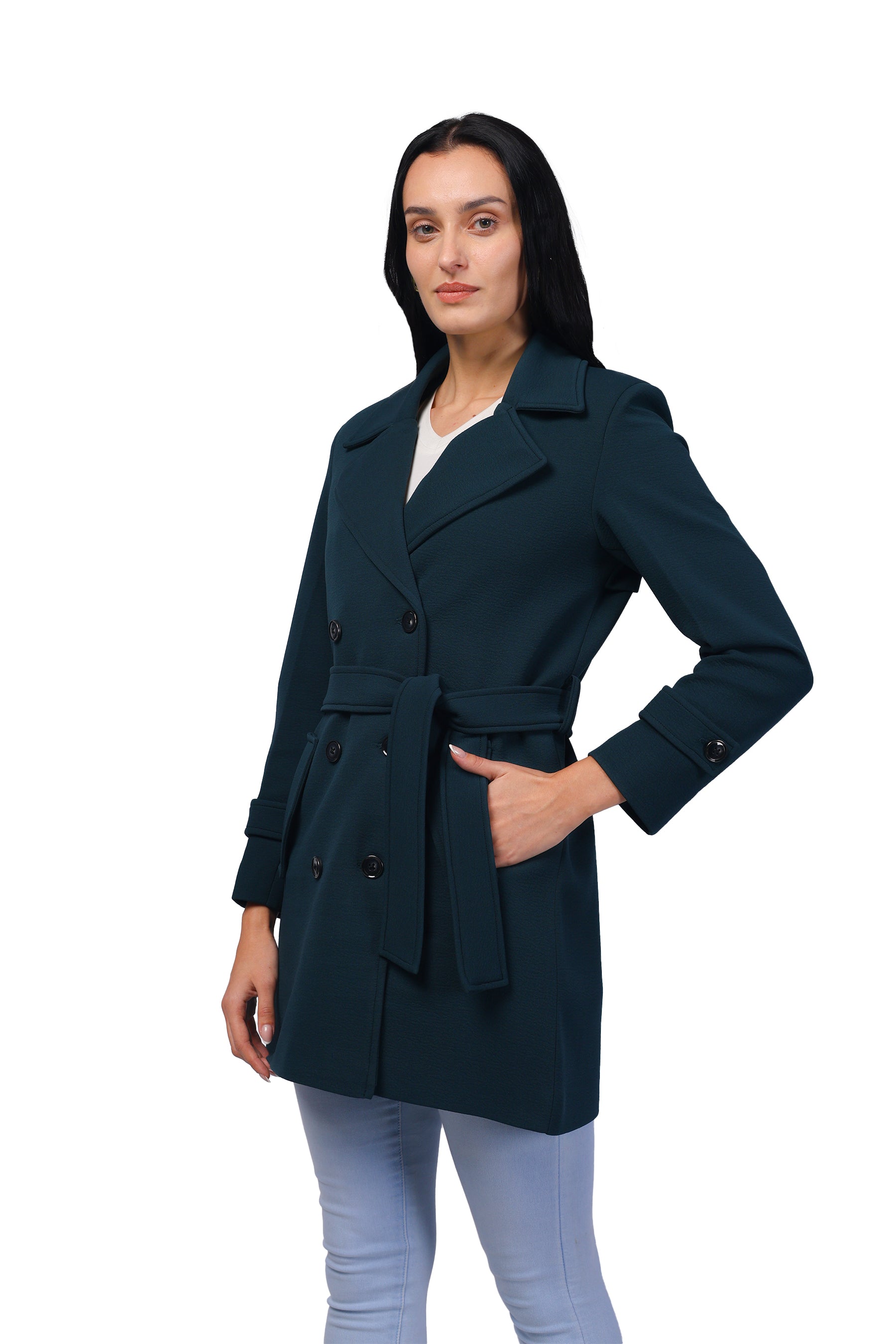 Women's Double Breasted Long Coat in Crush Scuba Fabric