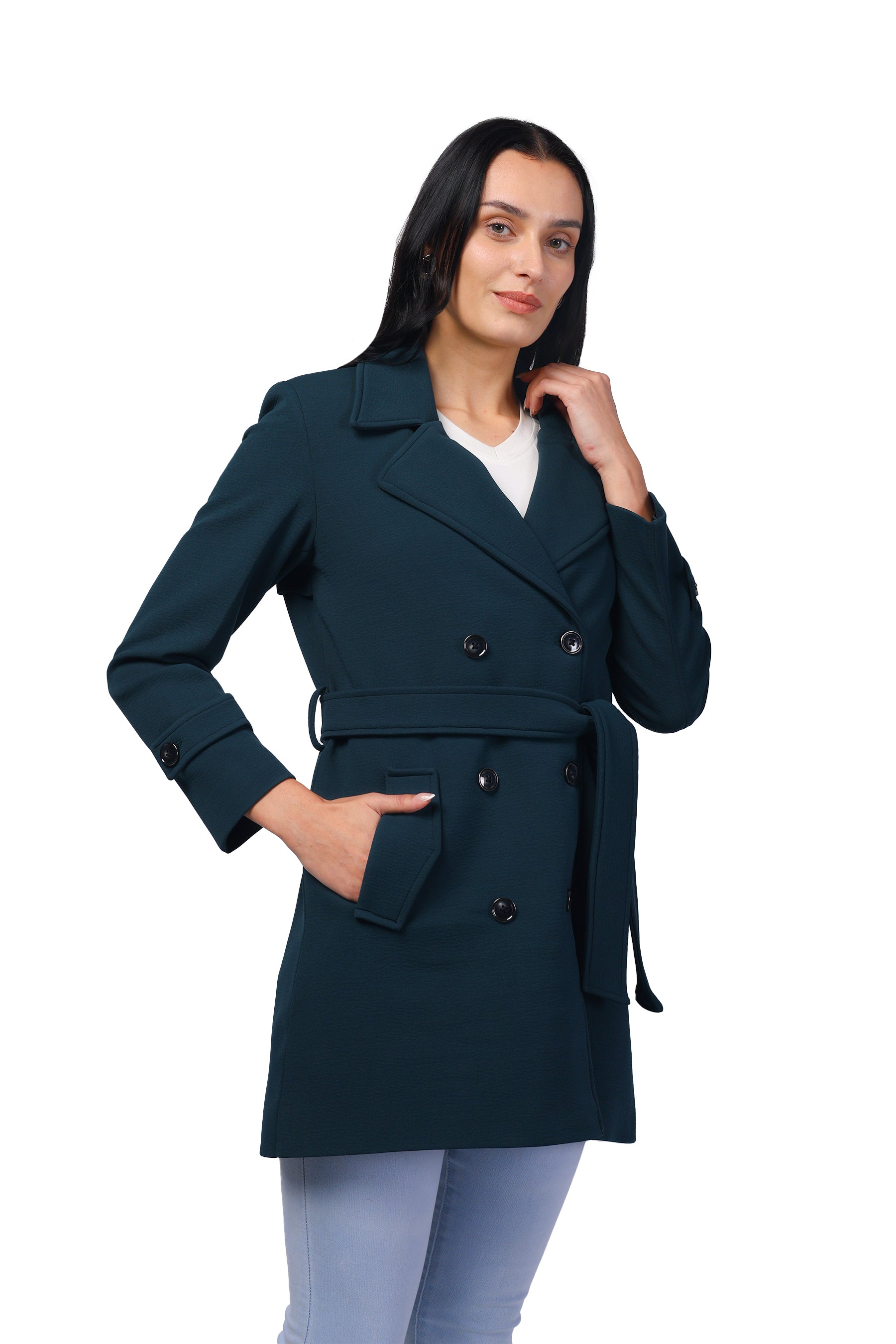Women's Double Breasted Long Coat in Crush Scuba Fabric