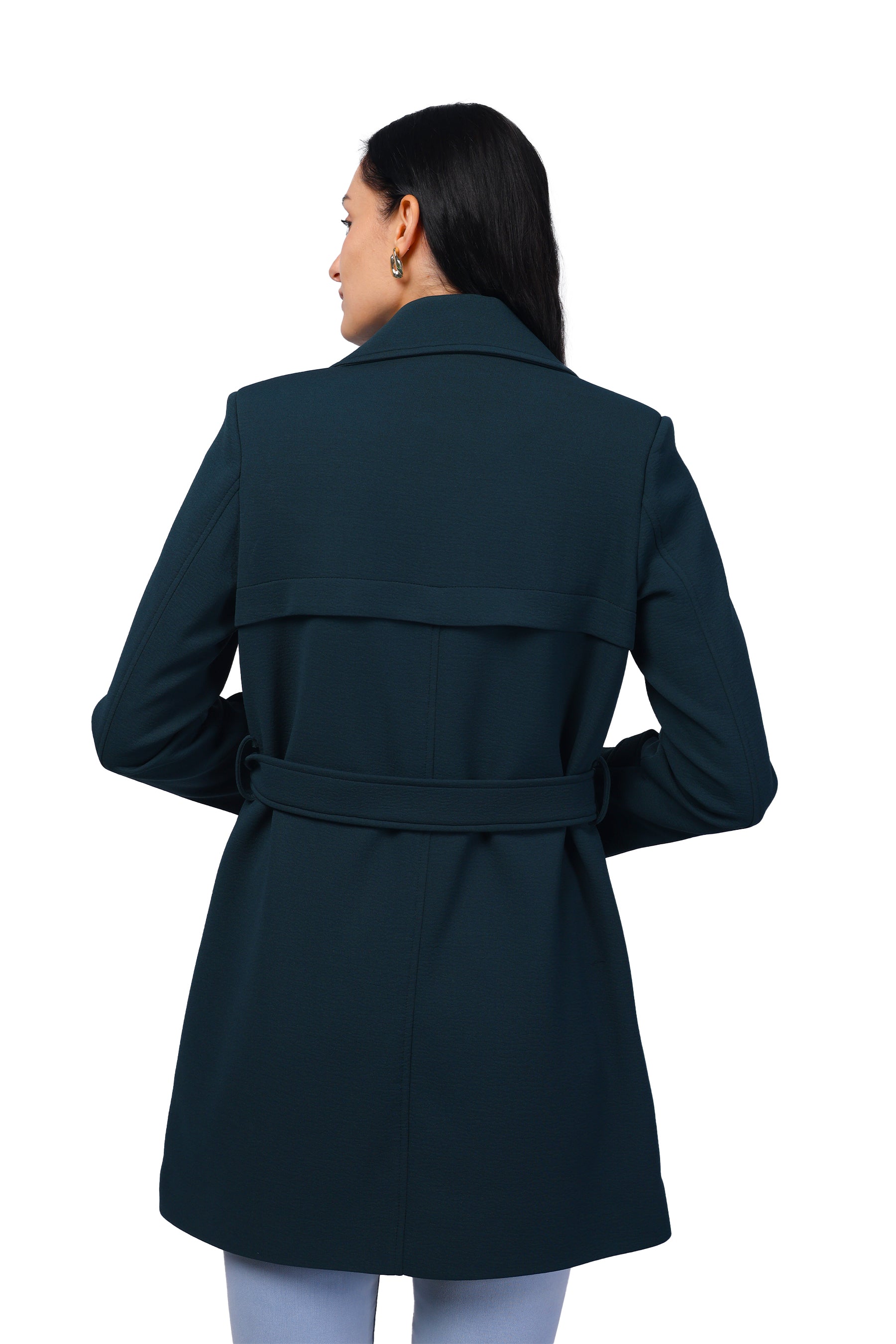 Women's Double Breasted Long Coat in Crush Scuba Fabric