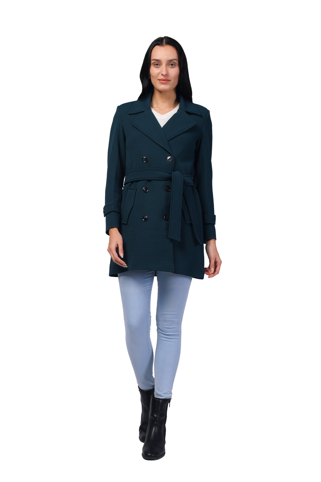 Women's Double Breasted Long Coat in Crush Scuba Fabric