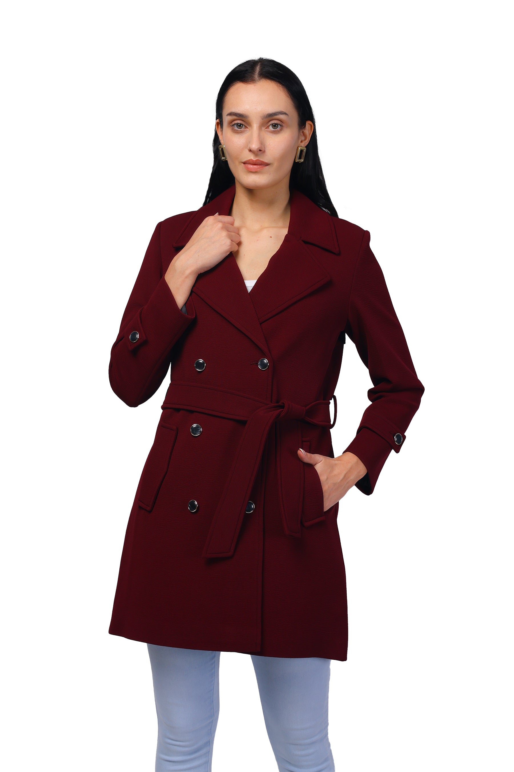 Women's Double Breasted Long Coat in Crush Scuba Fabric