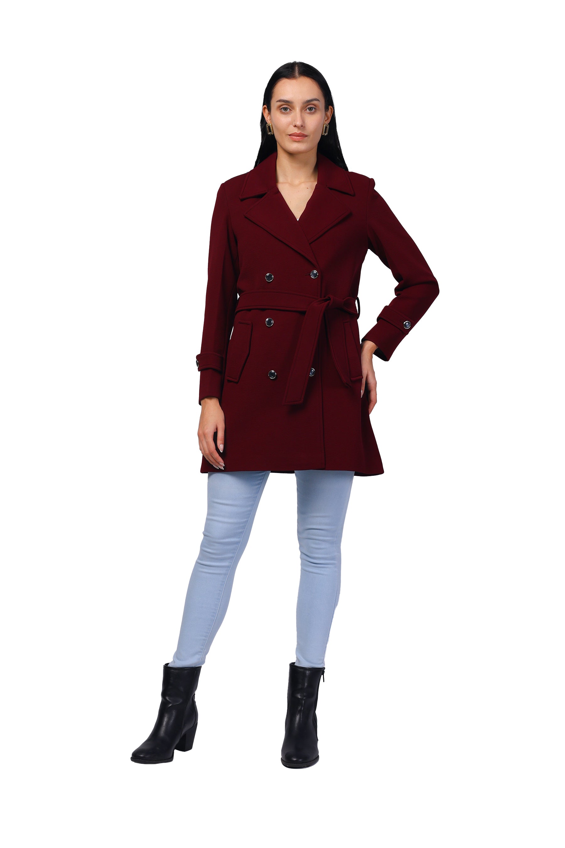 Women's Double Breasted Long Coat in Crush Scuba Fabric