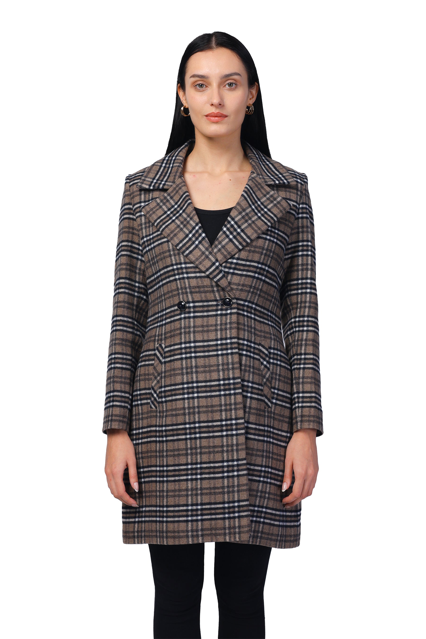 Women's Double Breasted Long Coat in Tweed Fabric