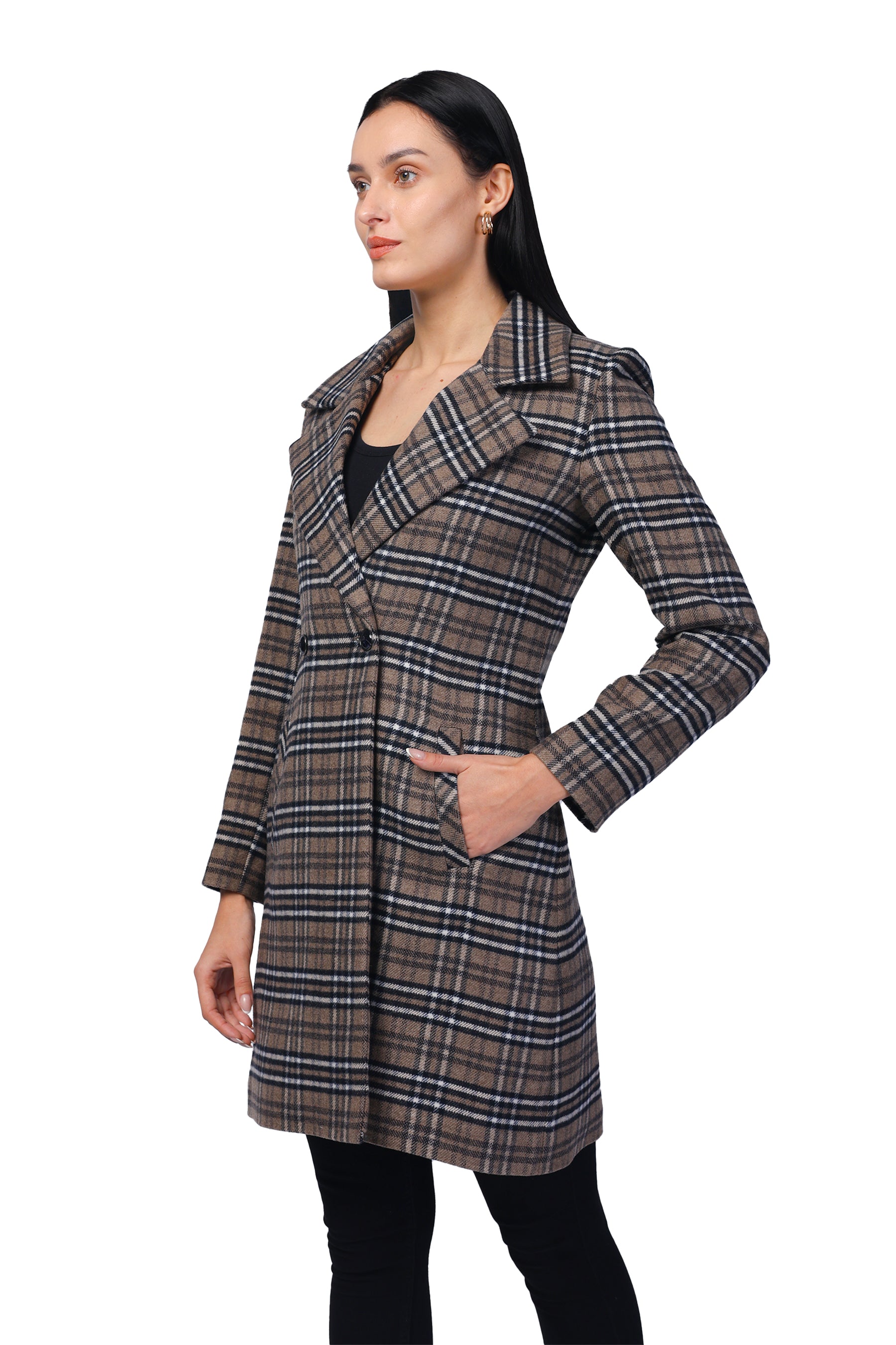 Women's Double Breasted Long Coat in Tweed Fabric