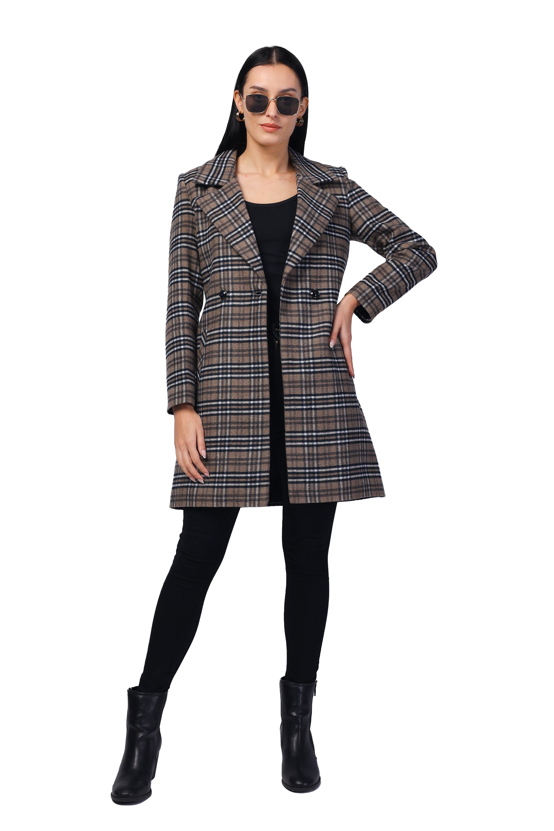 Women's Double Breasted Long Coat in Tweed Fabric
