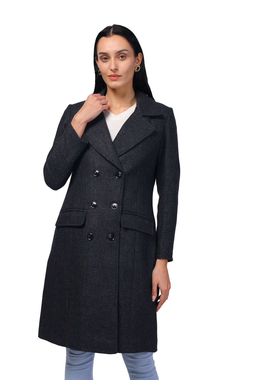 Women's Double Breasted Long Coat in Wooled Tweed Fabric