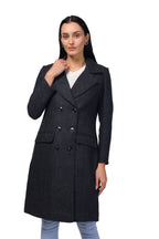 Women's Double Breasted Long Coat in Wooled Tweed Fabric