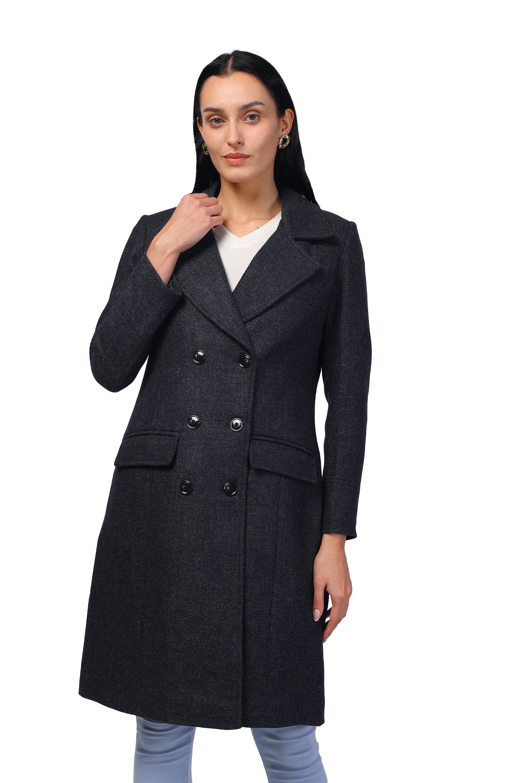 Women's Double Breasted Long Coat in Wooled Tweed Fabric