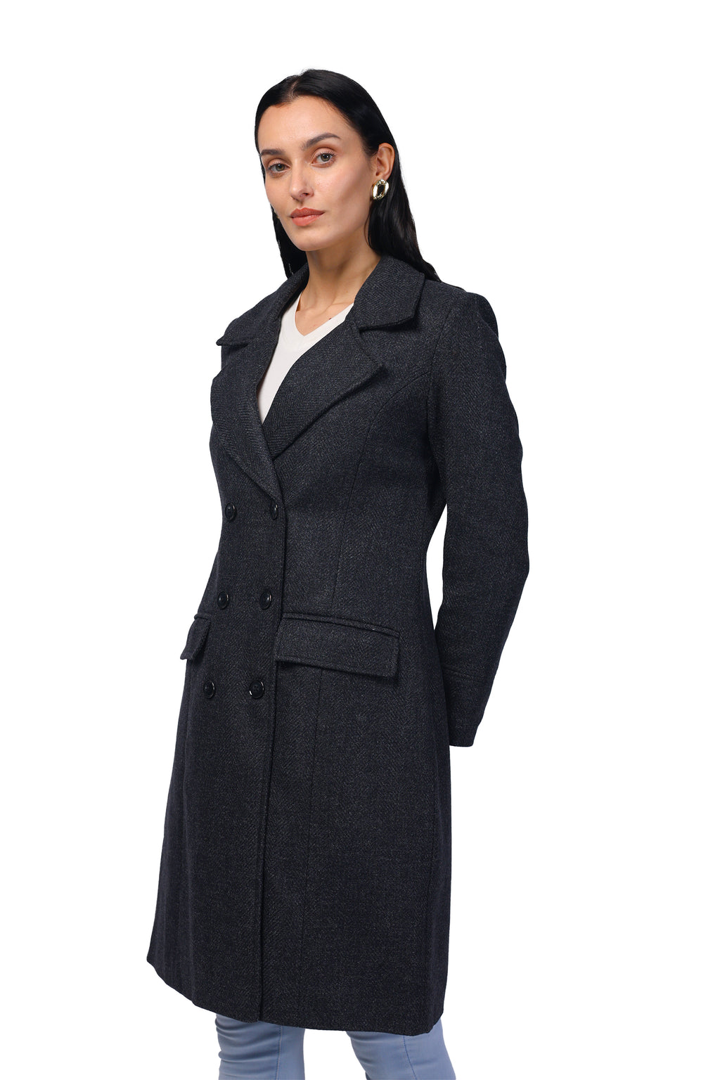 Women's Double Breasted Long Coat in Wooled Tweed Fabric
