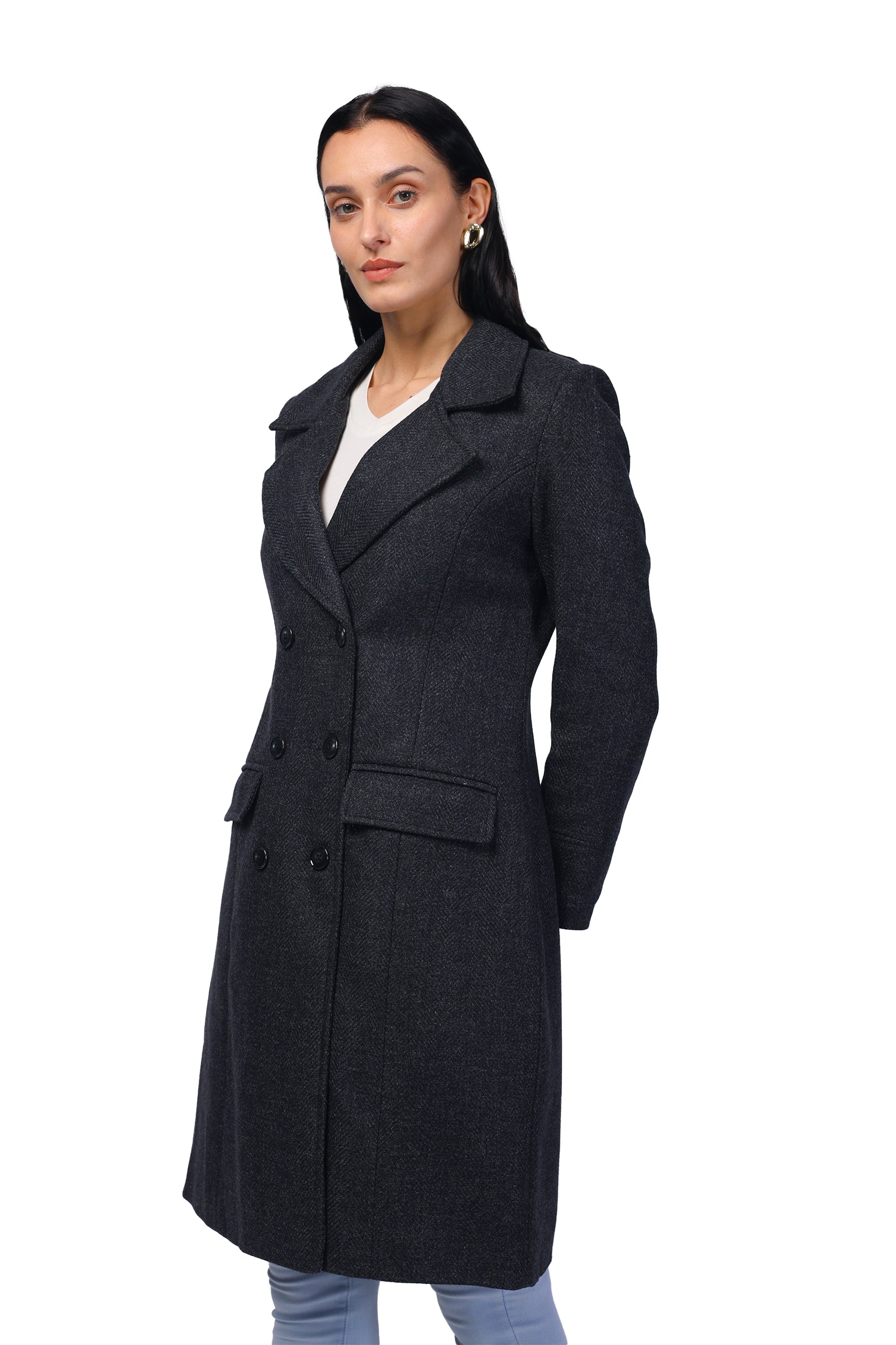 Women's Double Breasted Long Coat in Wooled Tweed Fabric