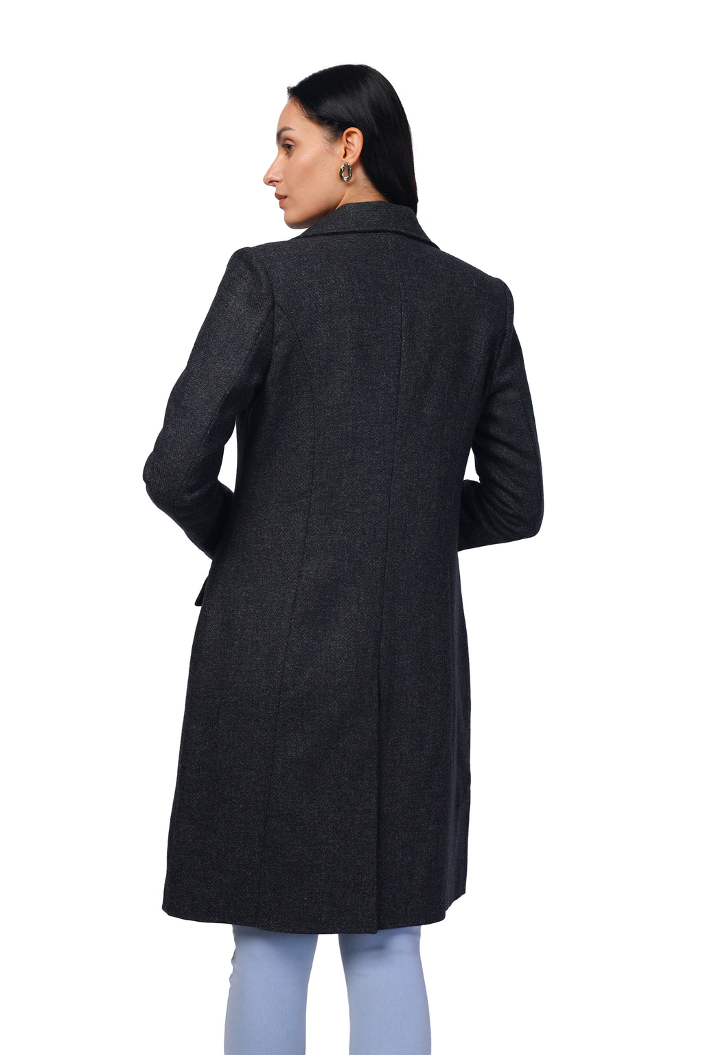 Women's Double Breasted Long Coat in Wooled Tweed Fabric