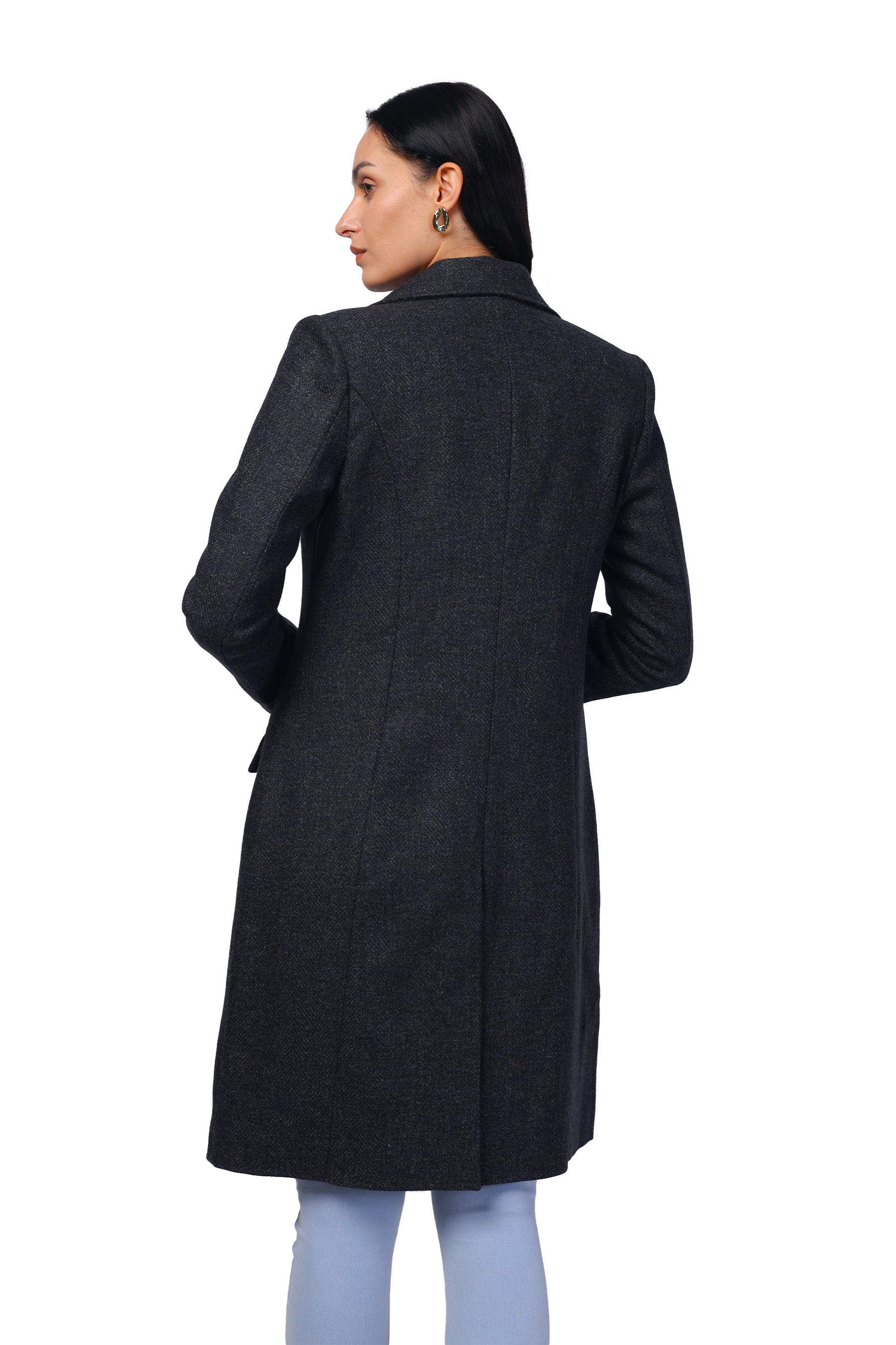 Women's Double Breasted Long Coat in Wooled Tweed Fabric