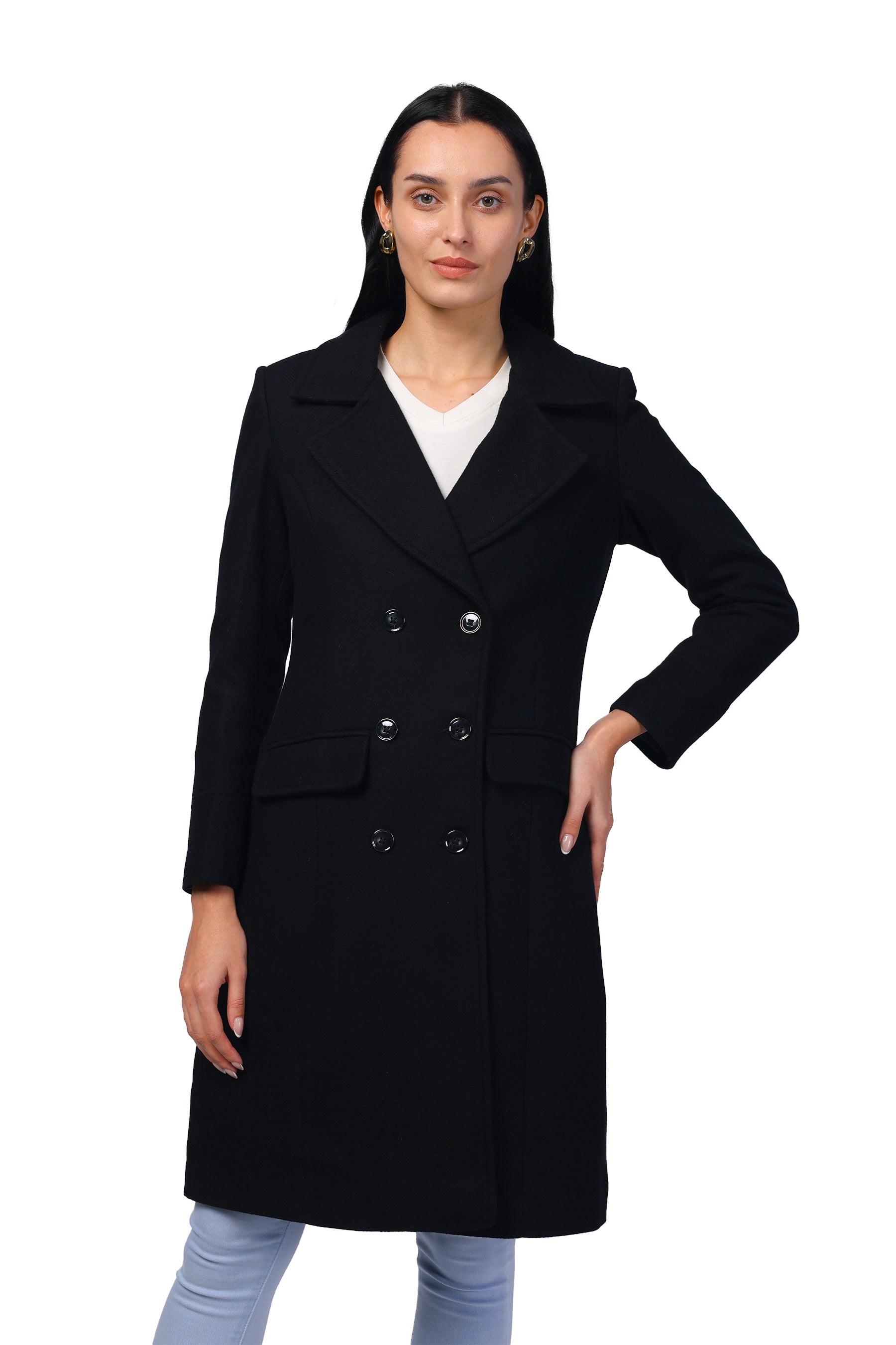 Women's Double Breasted Long Coat in Wooled Tweed Fabric