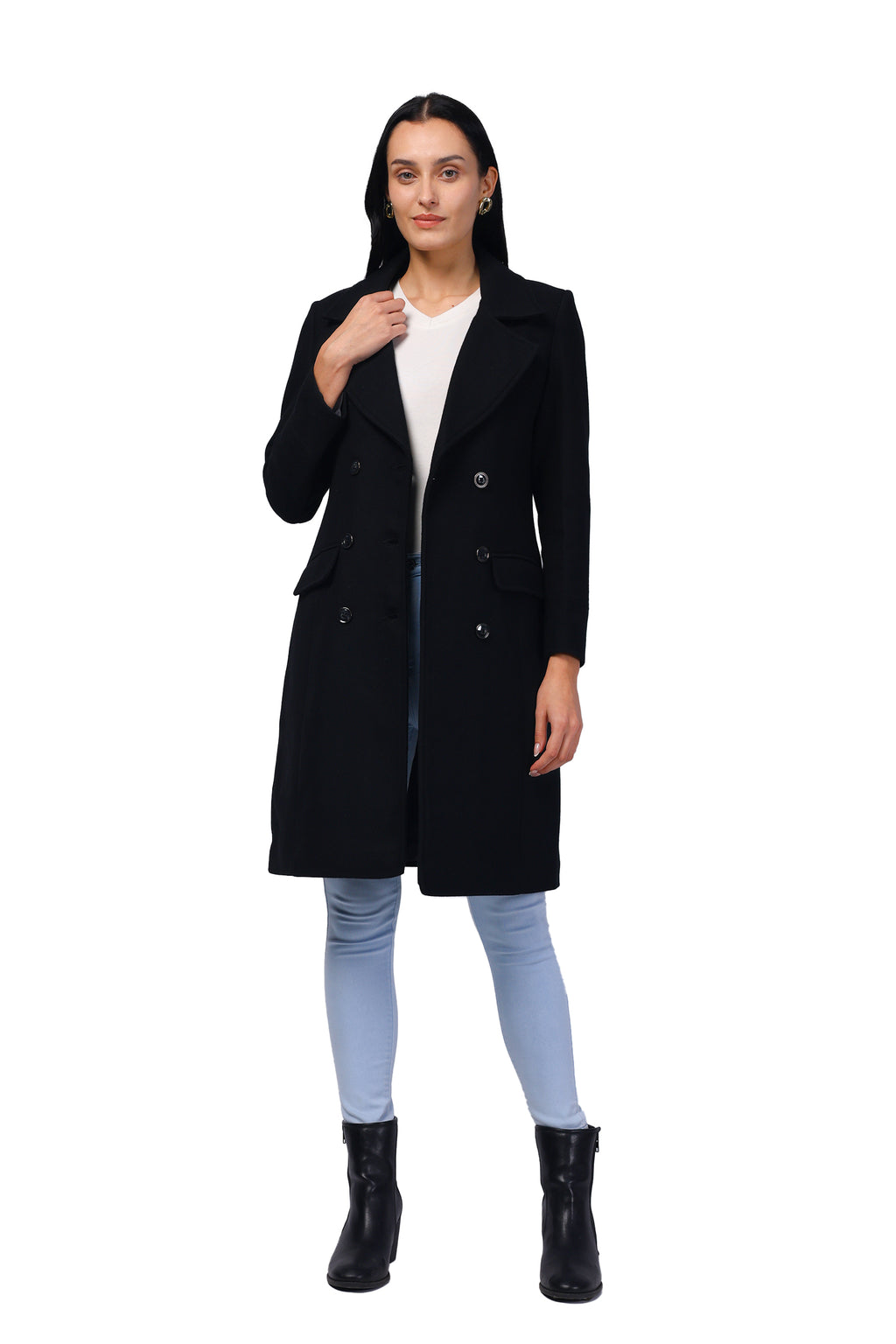 Women's Double Breasted Long Coat in Wooled Tweed Fabric