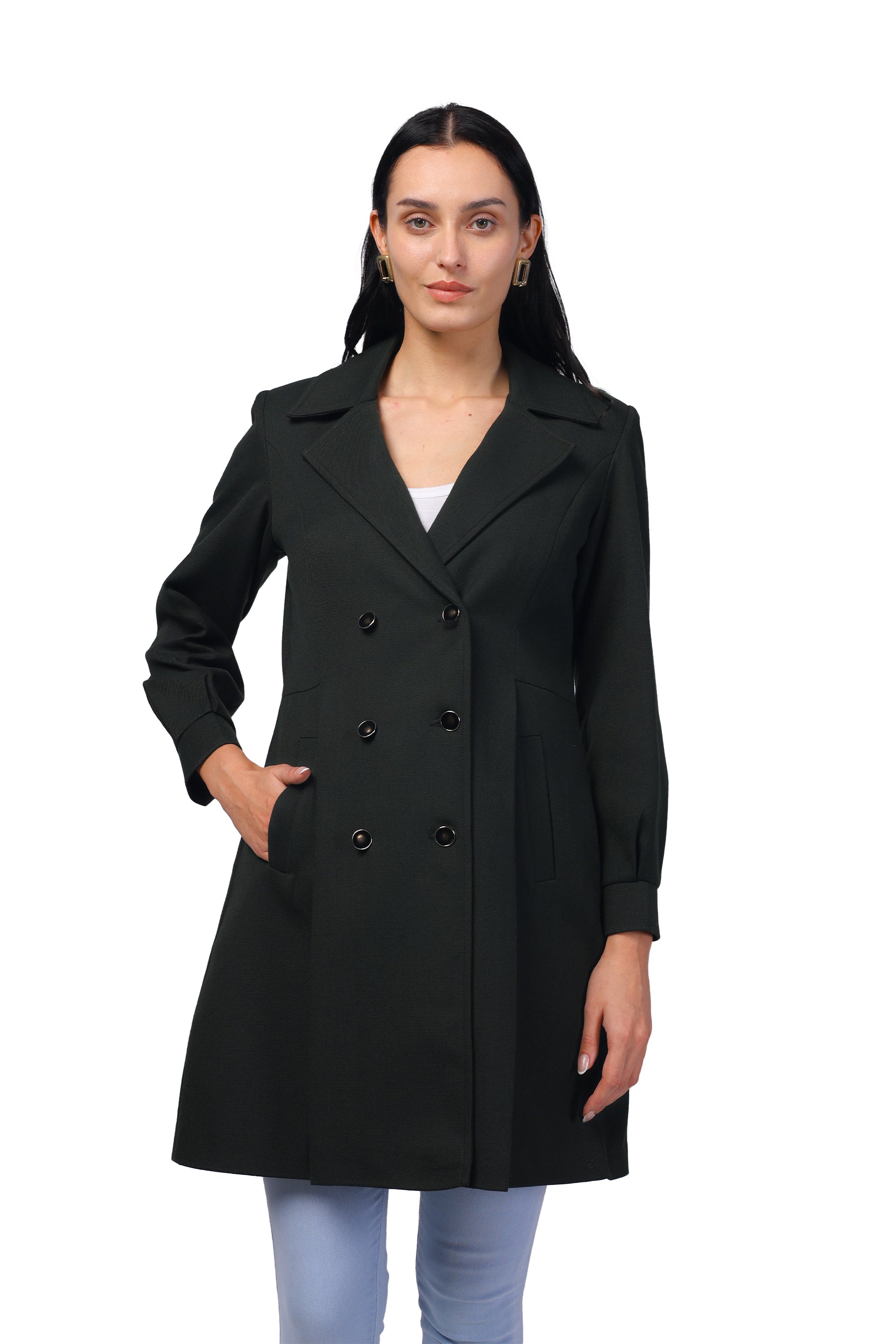 Women's Double Breasted Long Coat in Light Weight Tweed Fabric