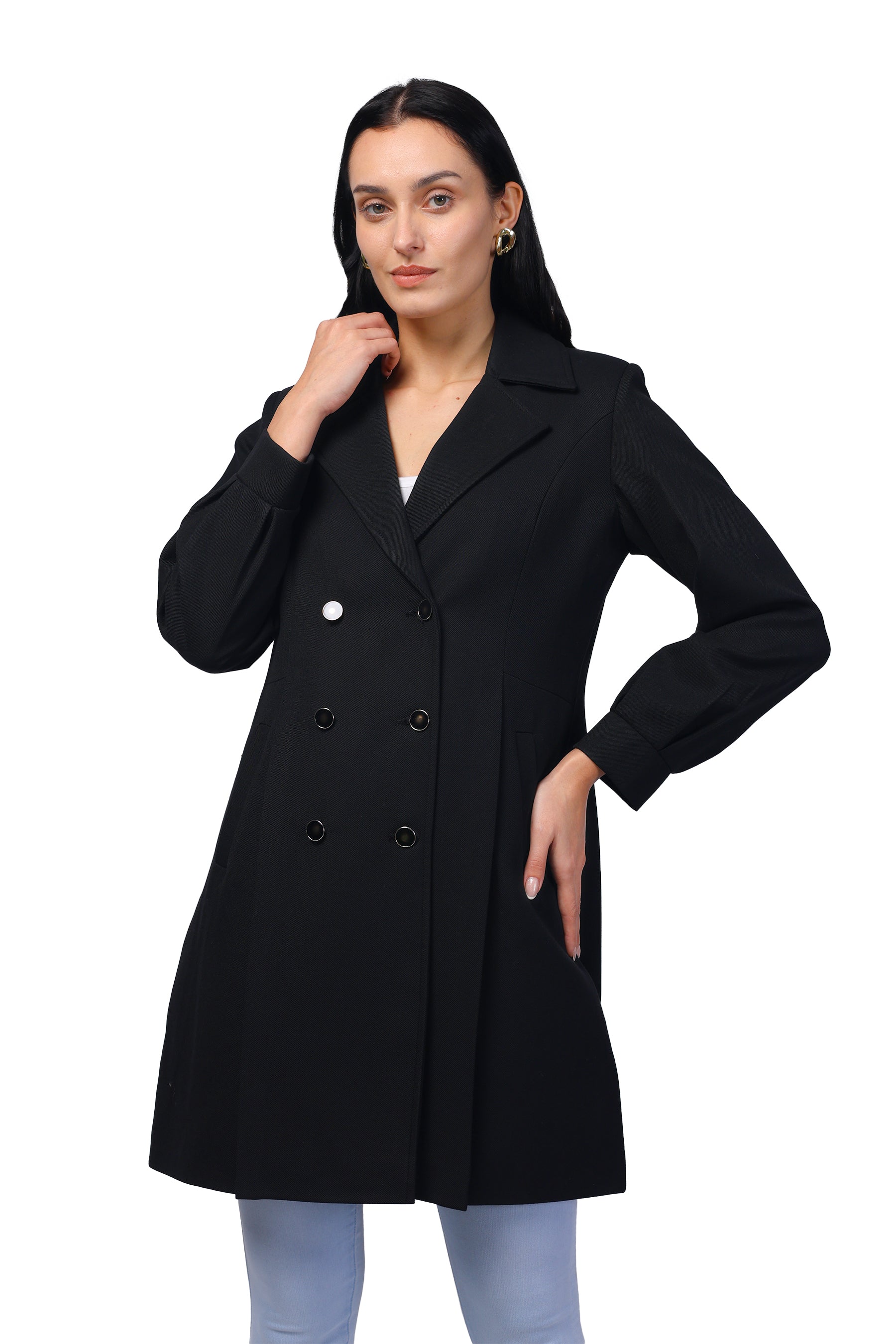Women's Double Breasted Long Coat in Light Weight Tweed Fabric