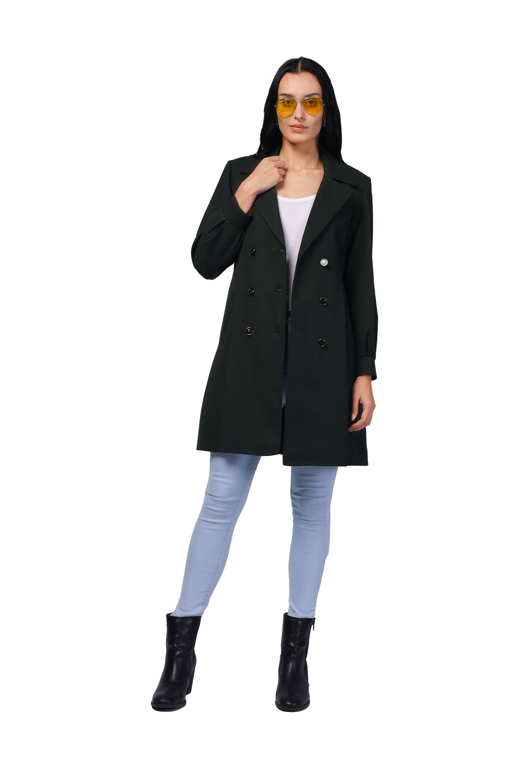 Women's Double Breasted Long Coat in Light Weight Tweed Fabric