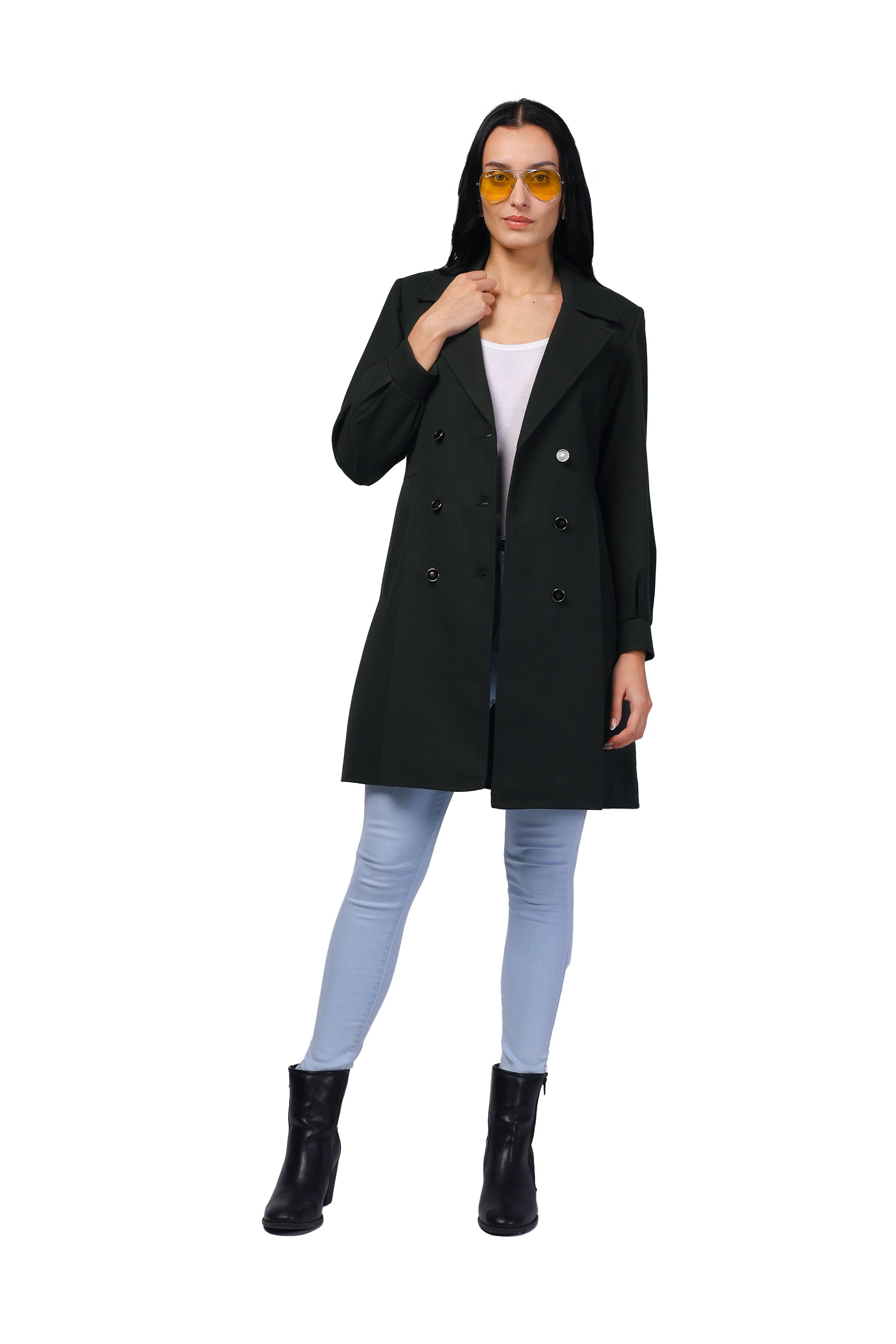 Women's Double Breasted Long Coat in Light Weight Tweed Fabric